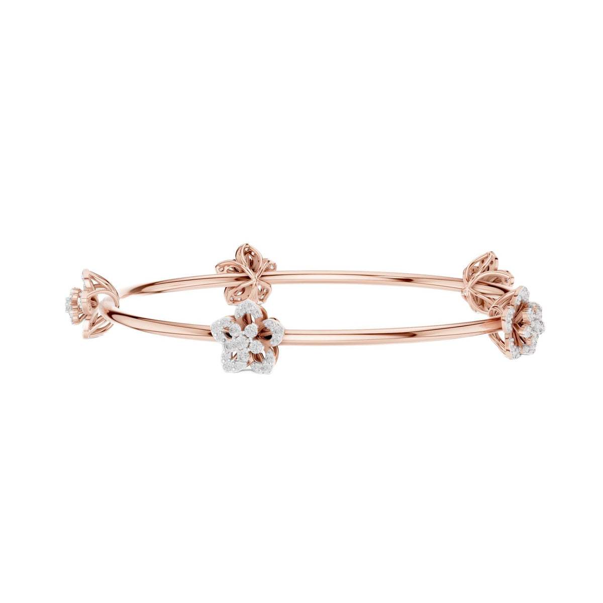 Rose gold diamond floral bangle with multiple slim rows and round flower clusters