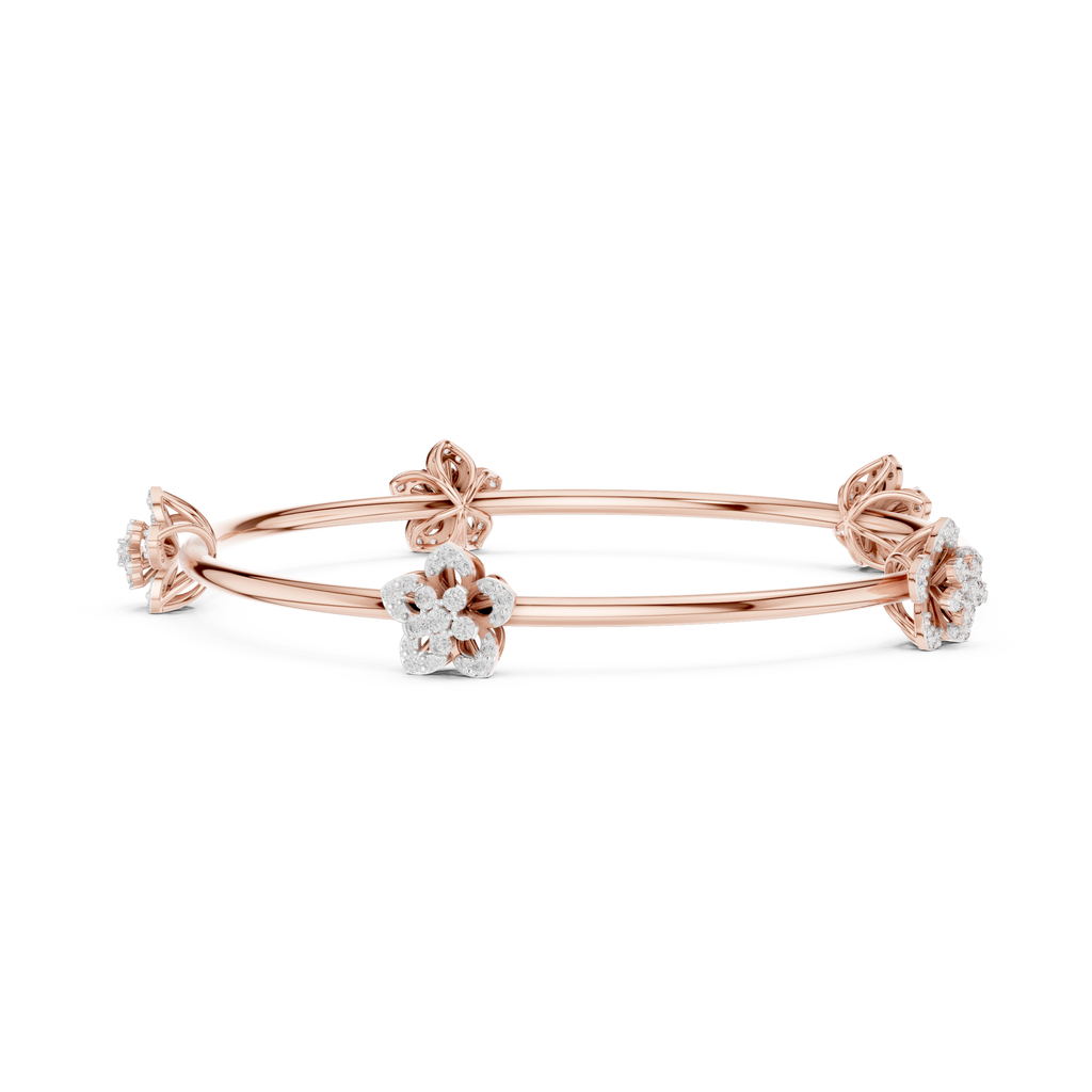 Rose gold diamond floral bangle with multiple slim rows and round flower clusters
