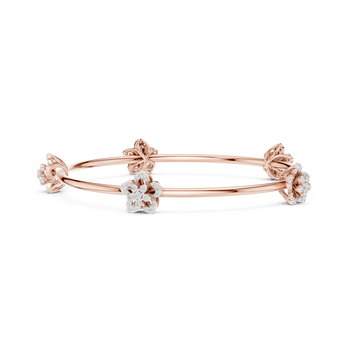 Rose gold diamond floral bangle with multiple slim rows and round flower clusters