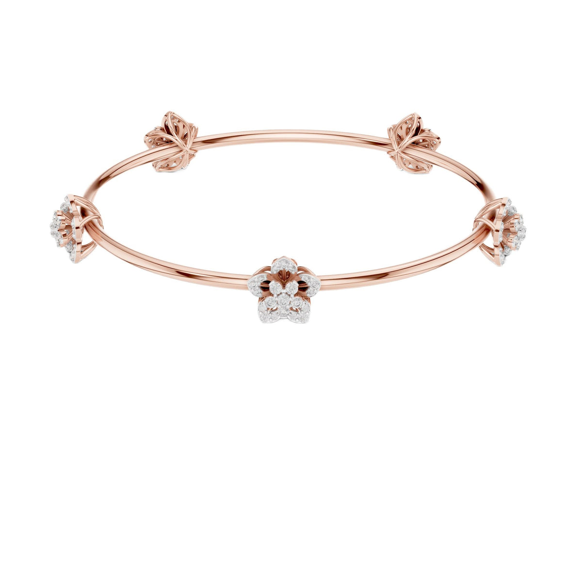 Rose gold diamond floral bangle with a central round flower cluster and side bows