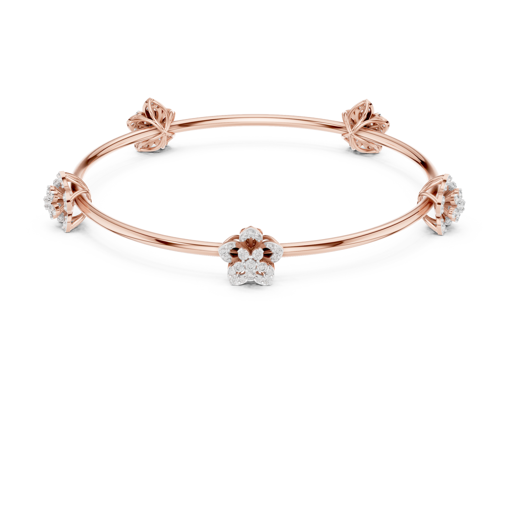 Rose gold diamond floral bangle with a central round flower cluster and side bows