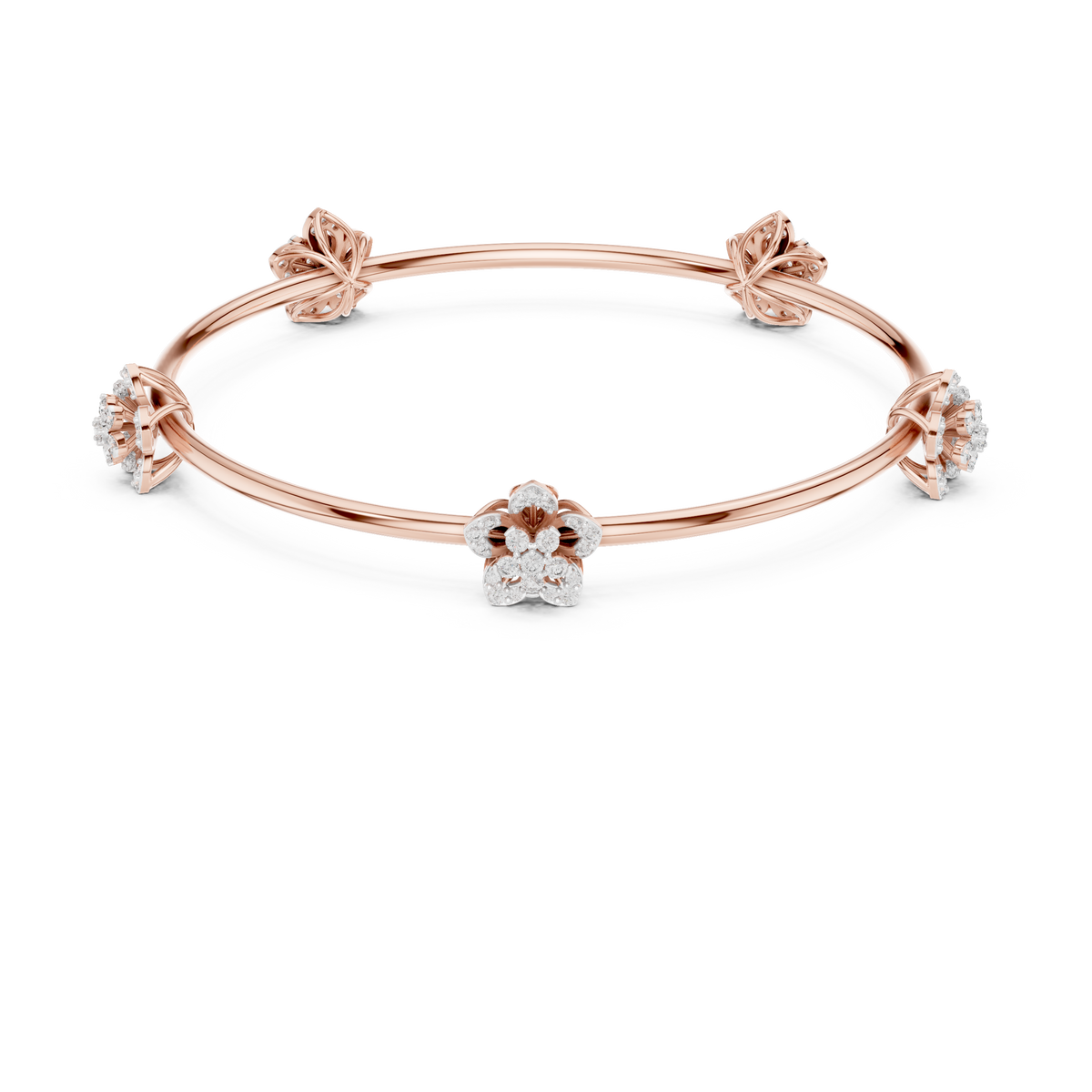 Rose gold diamond floral bangle with a central round flower cluster and side bows