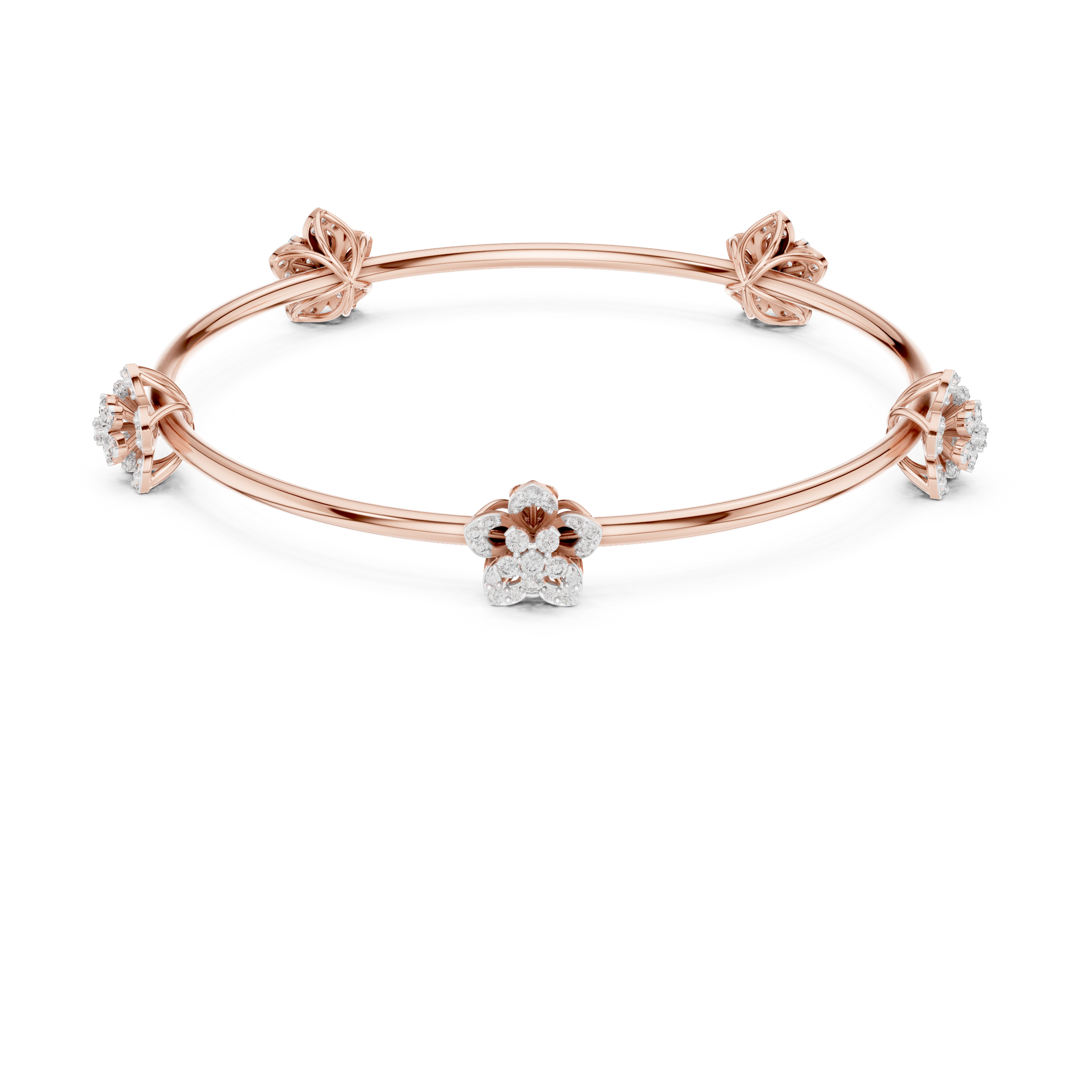 Rose gold diamond floral bangle with a central round flower cluster and side bows