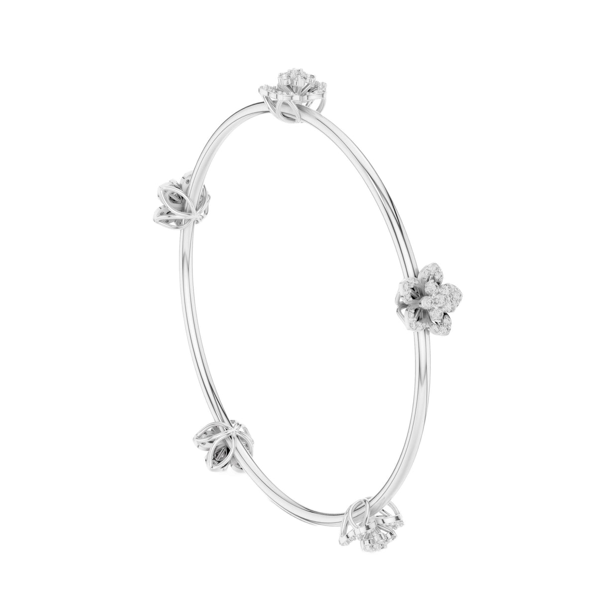 White gold diamond floral bangle with round flower clusters on the curved band