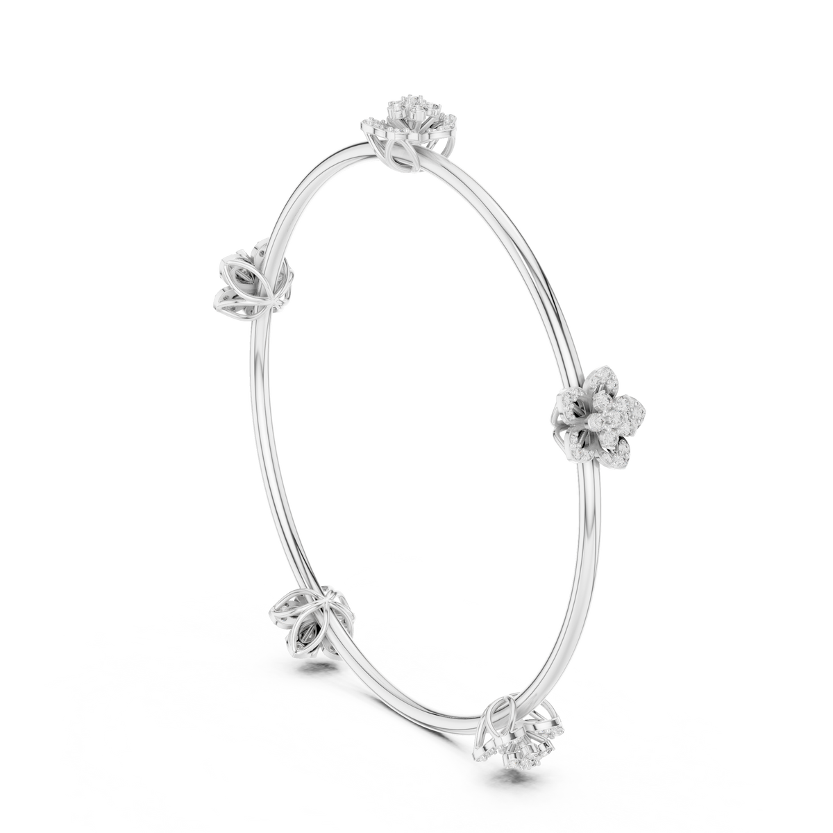 White gold diamond floral bangle with round flower clusters on the curved band