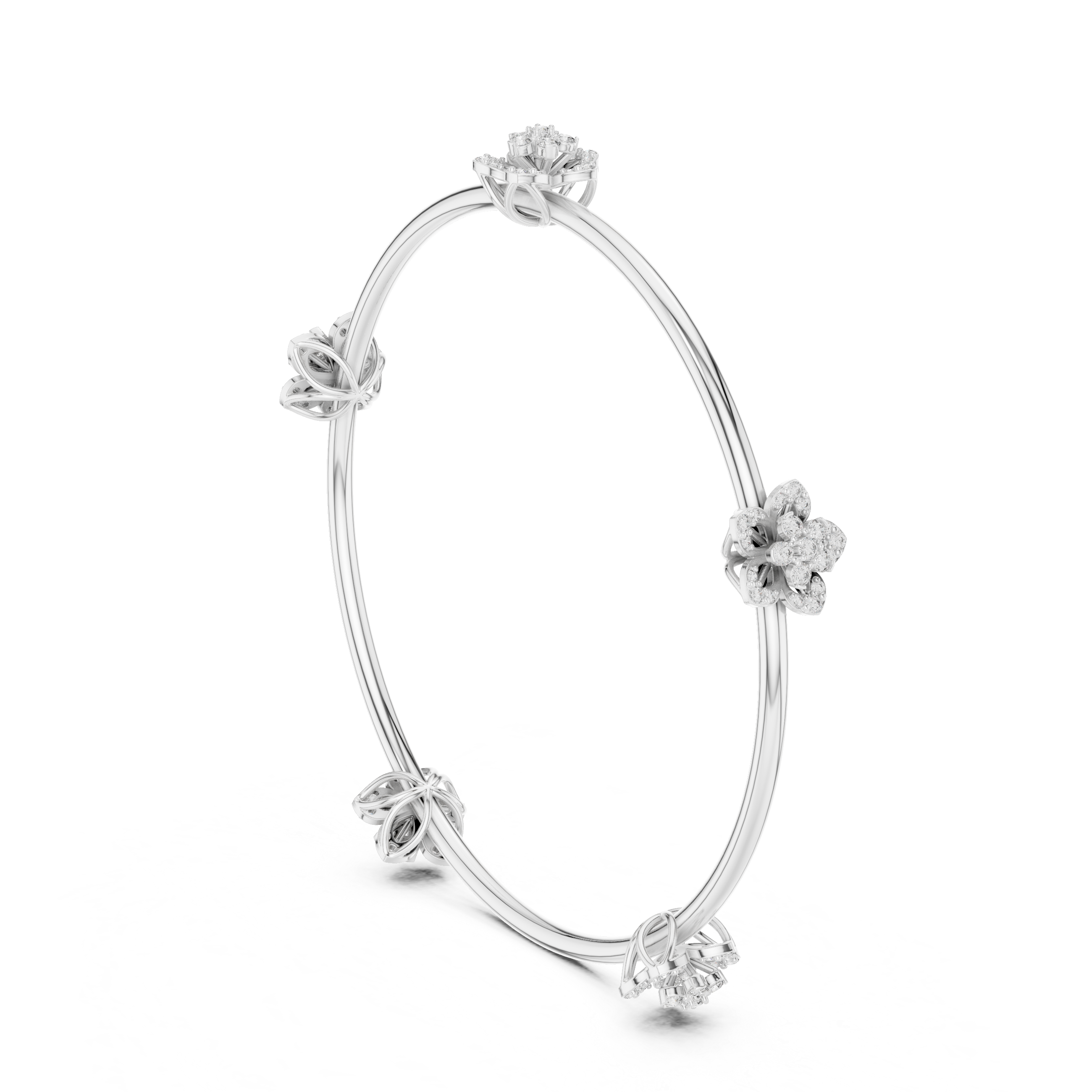 White gold diamond floral bangle with round flower clusters on the curved band