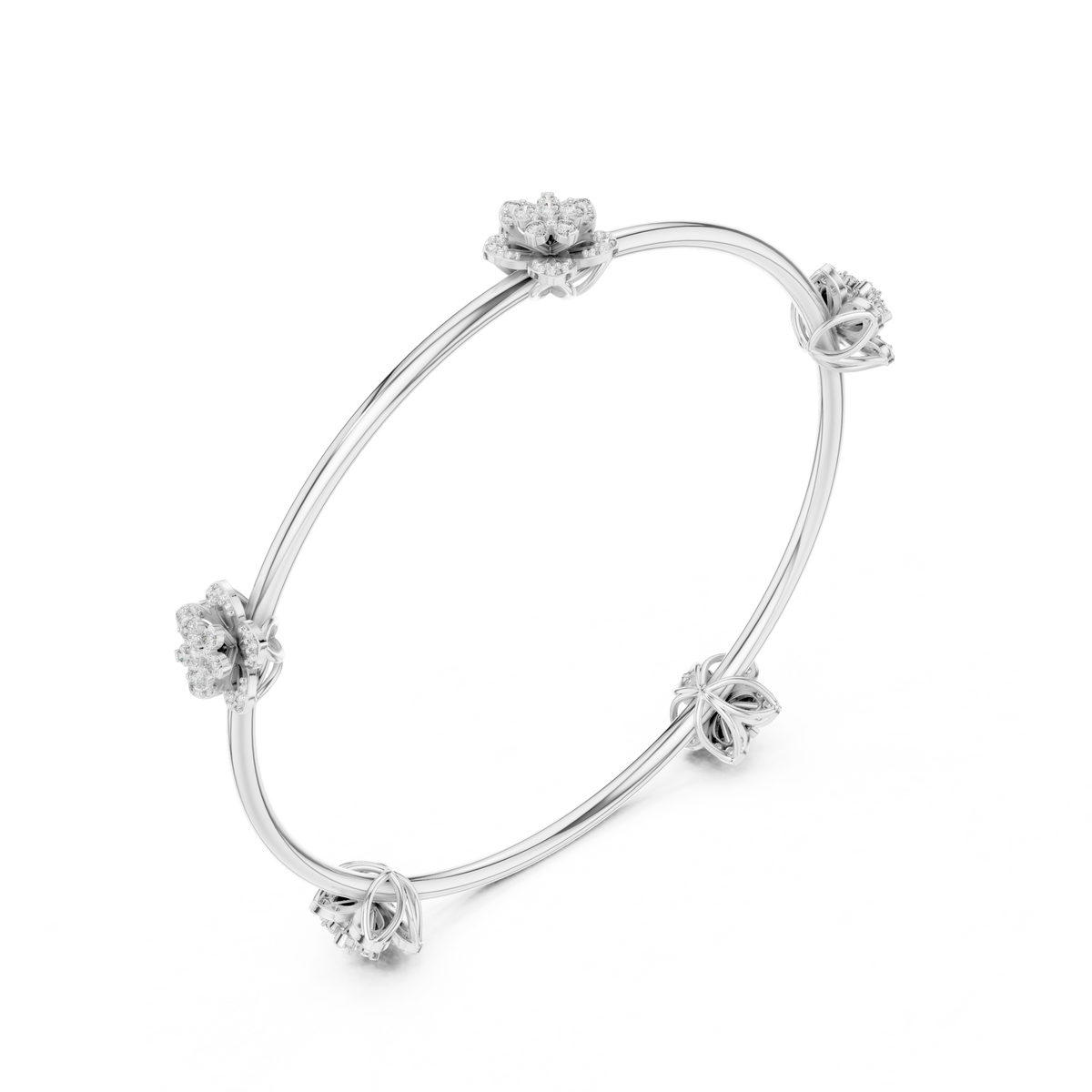 White gold diamond floral bangle with flower cluster details and twisted accents