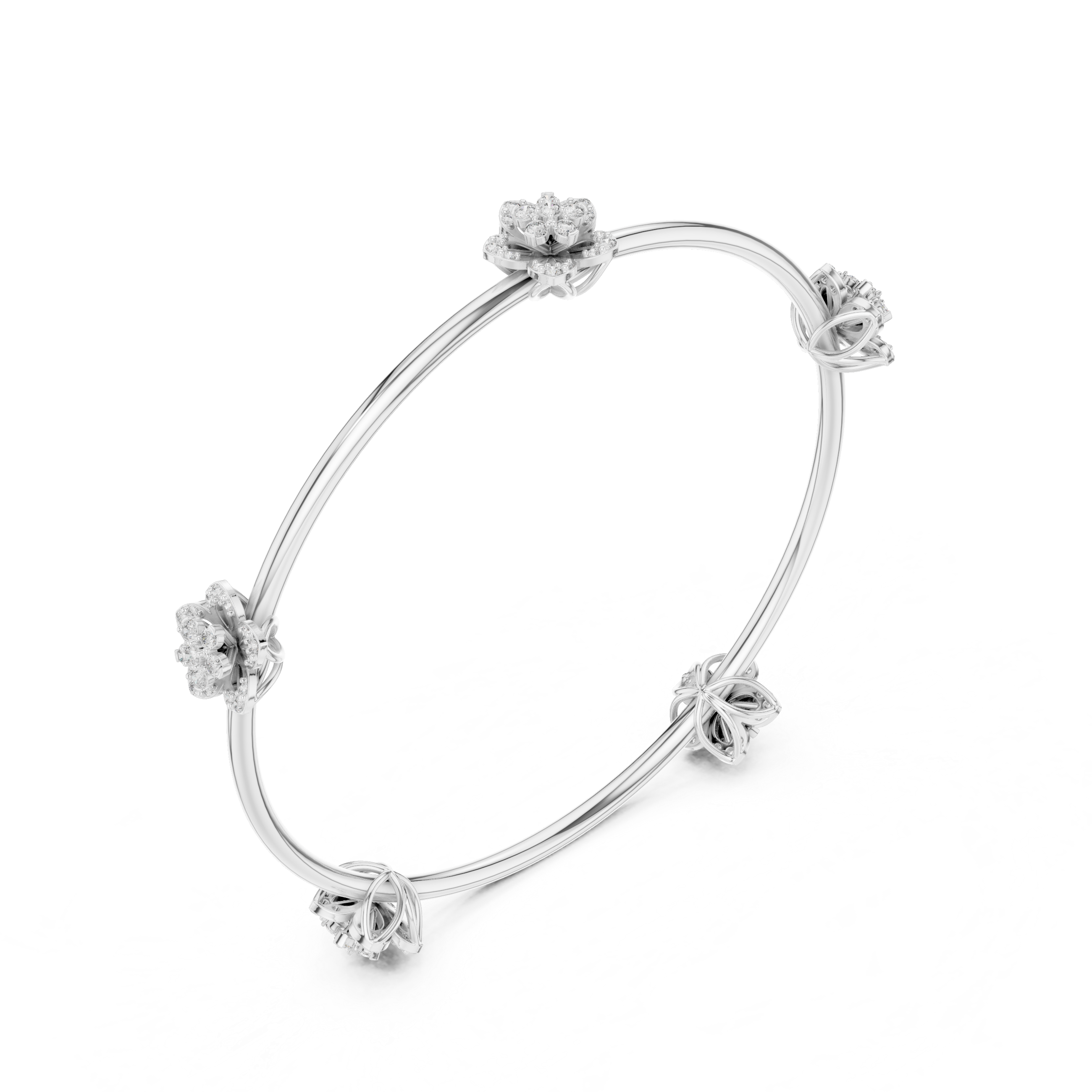 White gold diamond floral bangle with flower cluster details and twisted accents