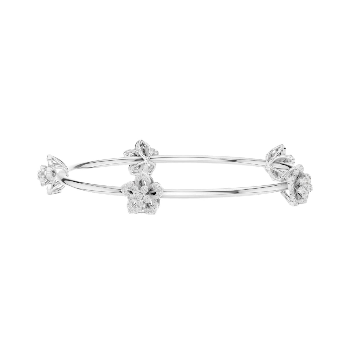 White gold diamond floral bangle with three parallel rows and round flower clusters