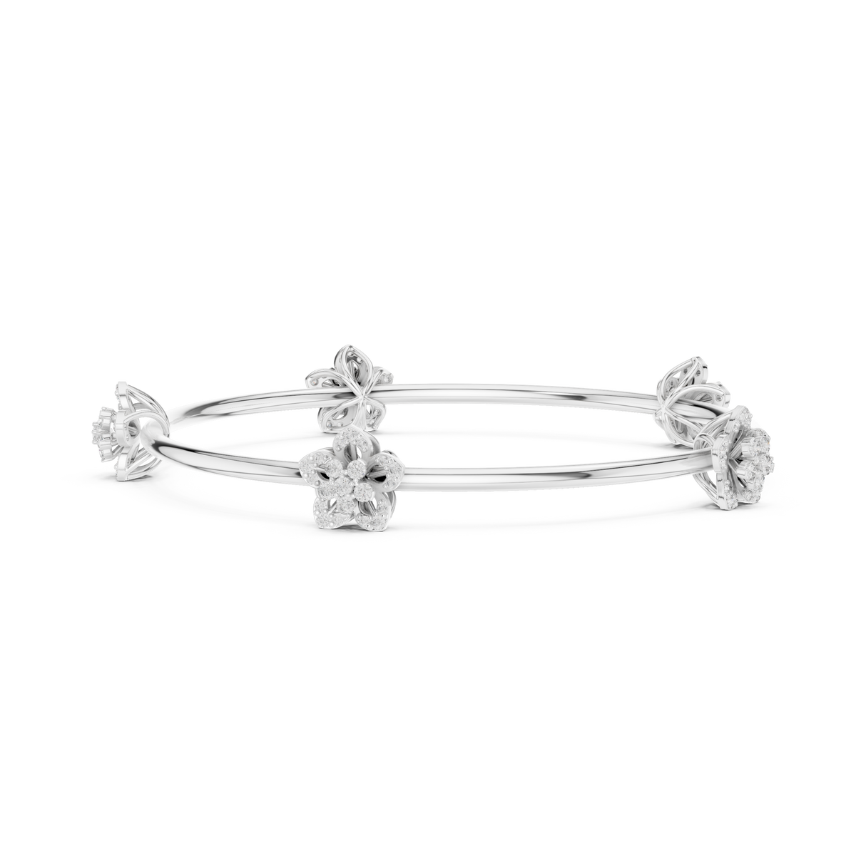 White gold diamond floral bangle with three parallel rows and round flower clusters