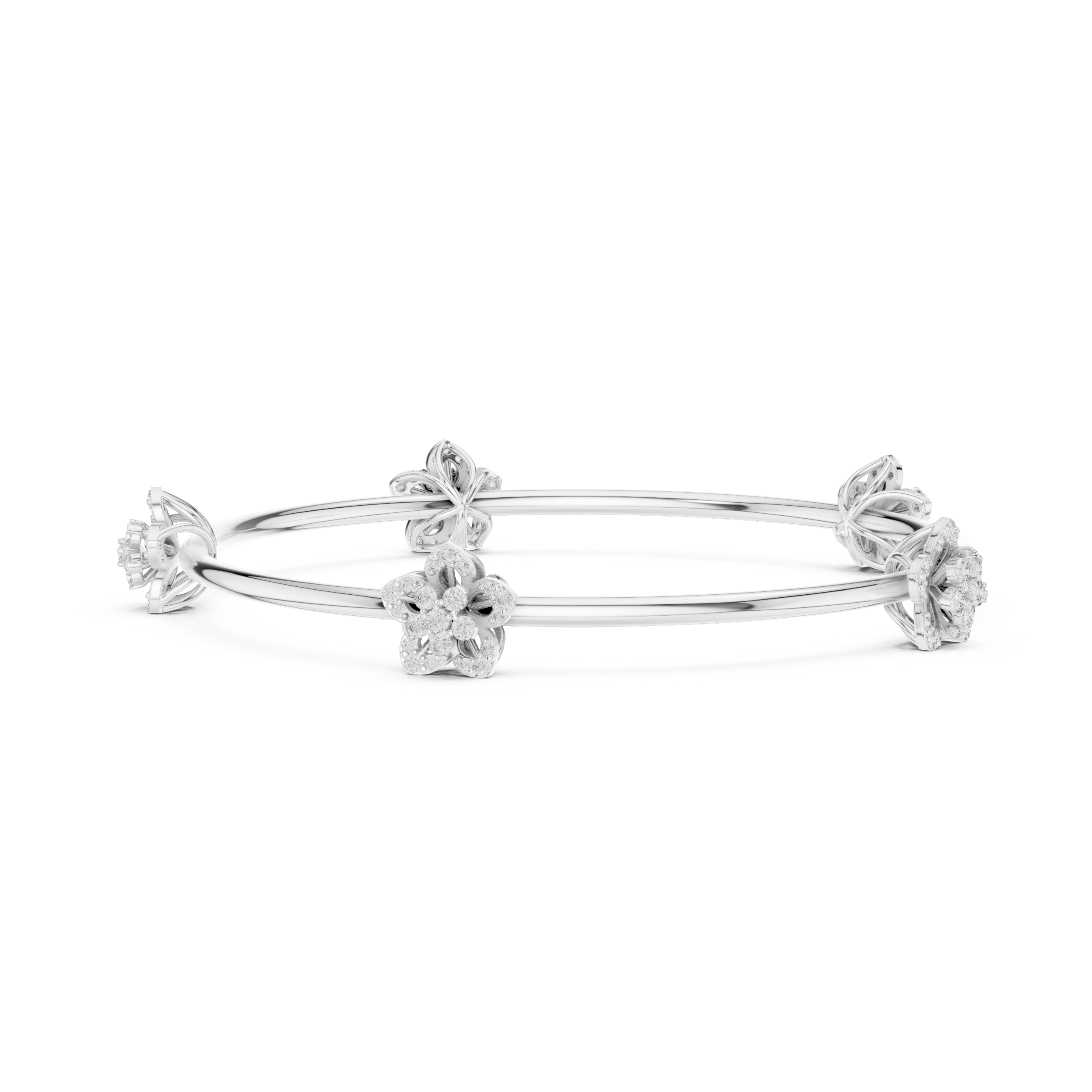 White gold diamond floral bangle with three parallel rows and round flower clusters