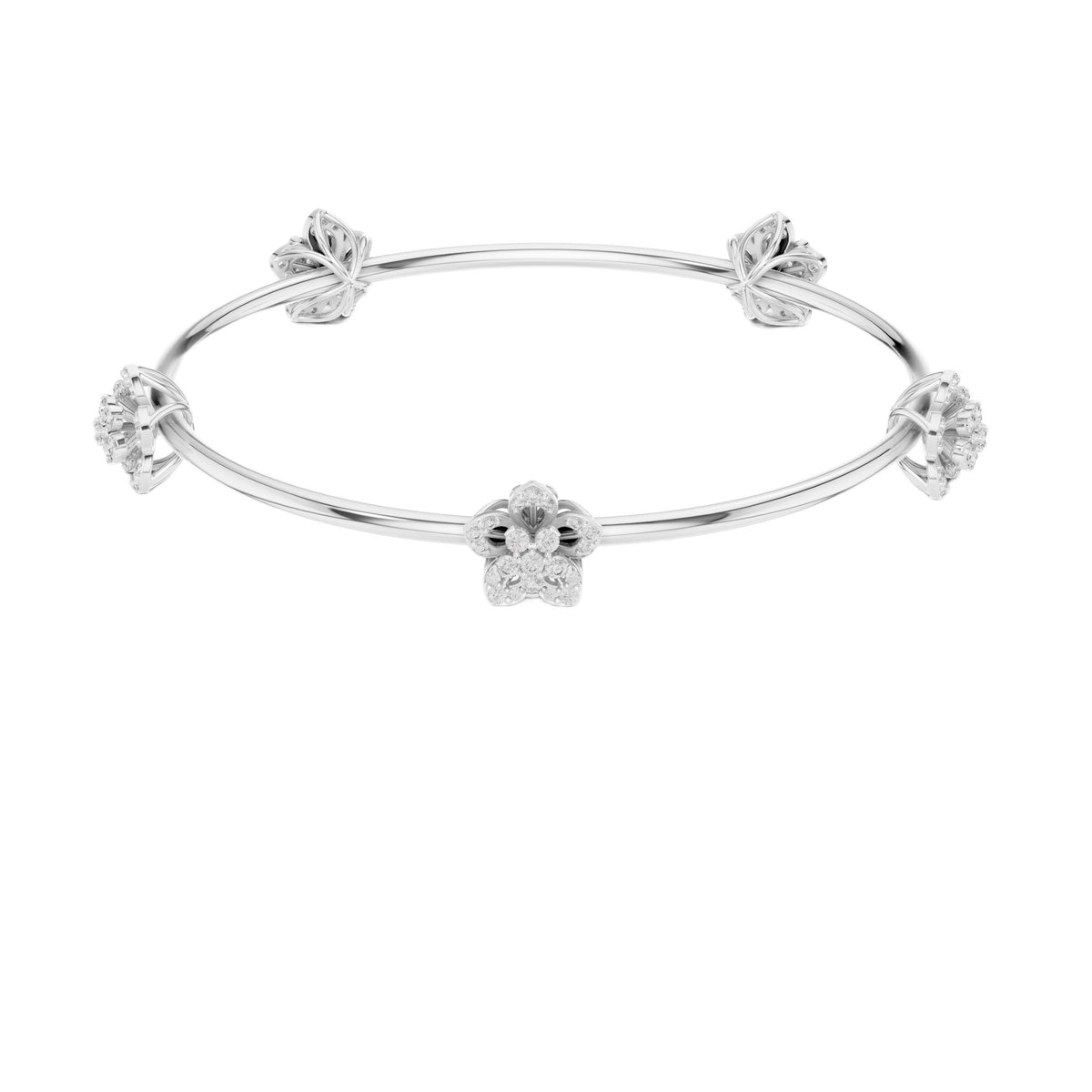 White gold diamond floral bangle with central round flower cluster and knot details