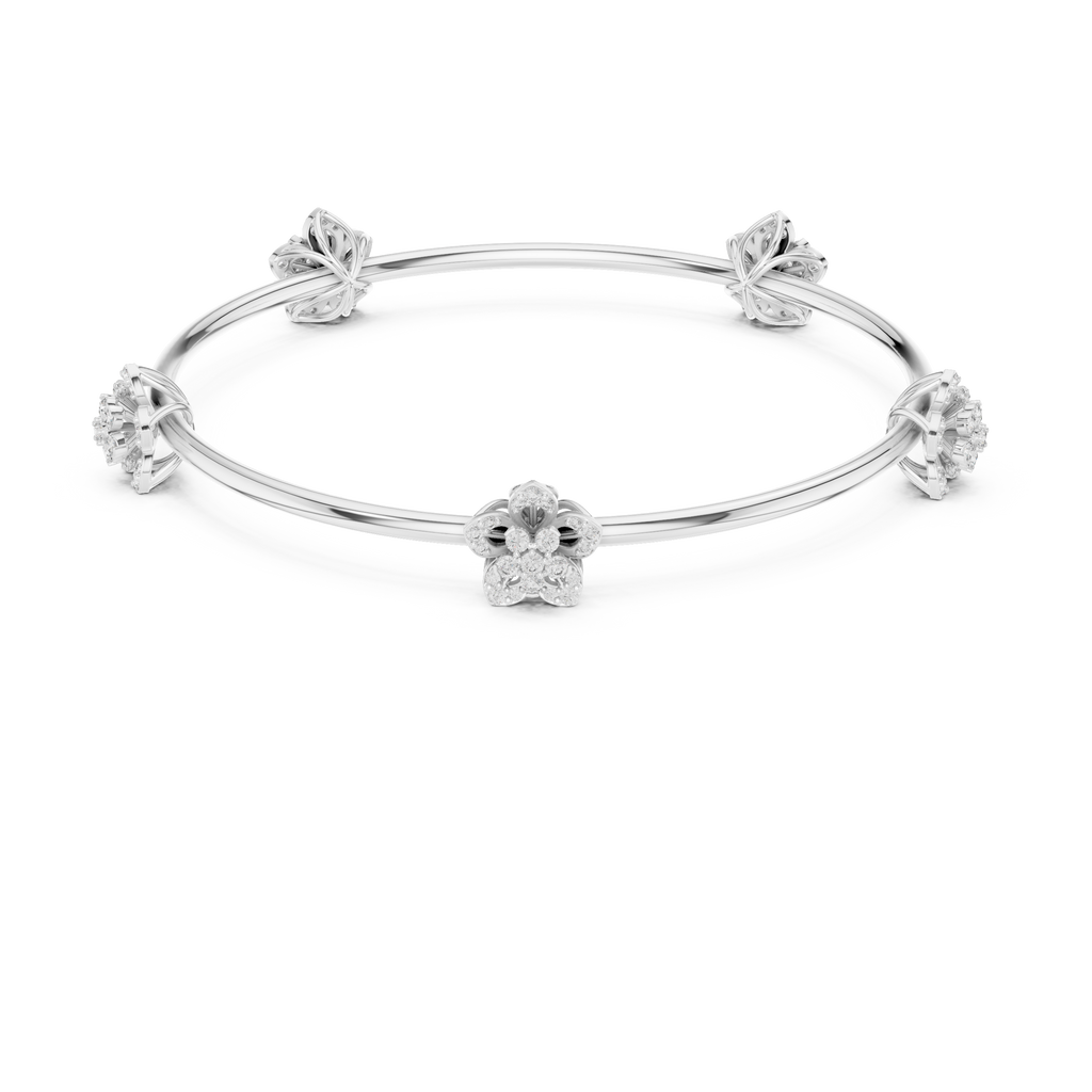 White gold diamond floral bangle with central round flower cluster and knot details