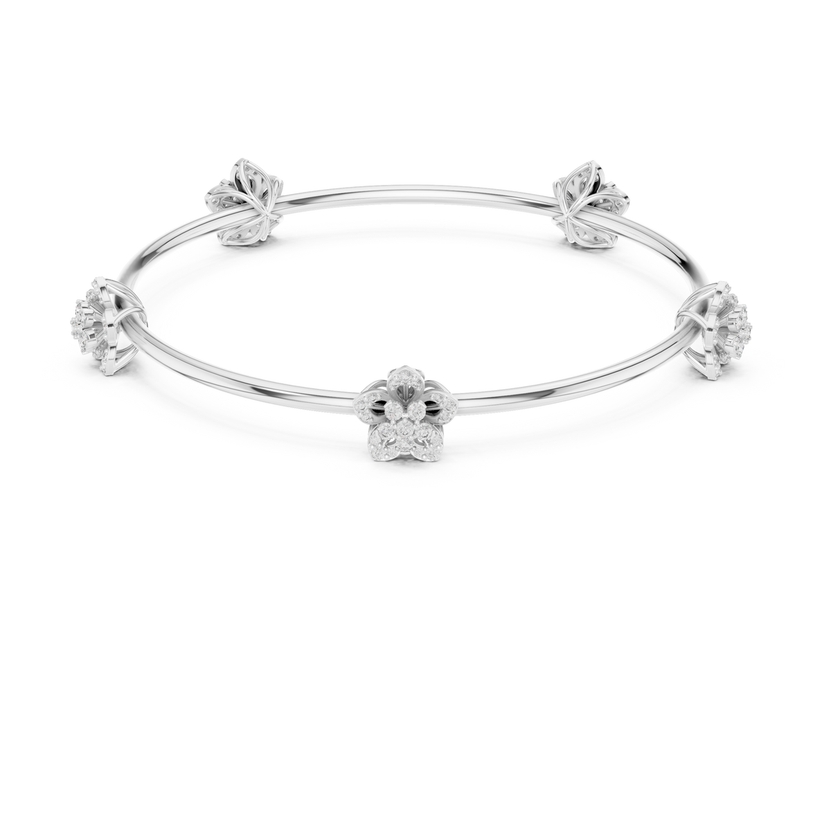 White gold diamond floral bangle with central round flower cluster and knot details