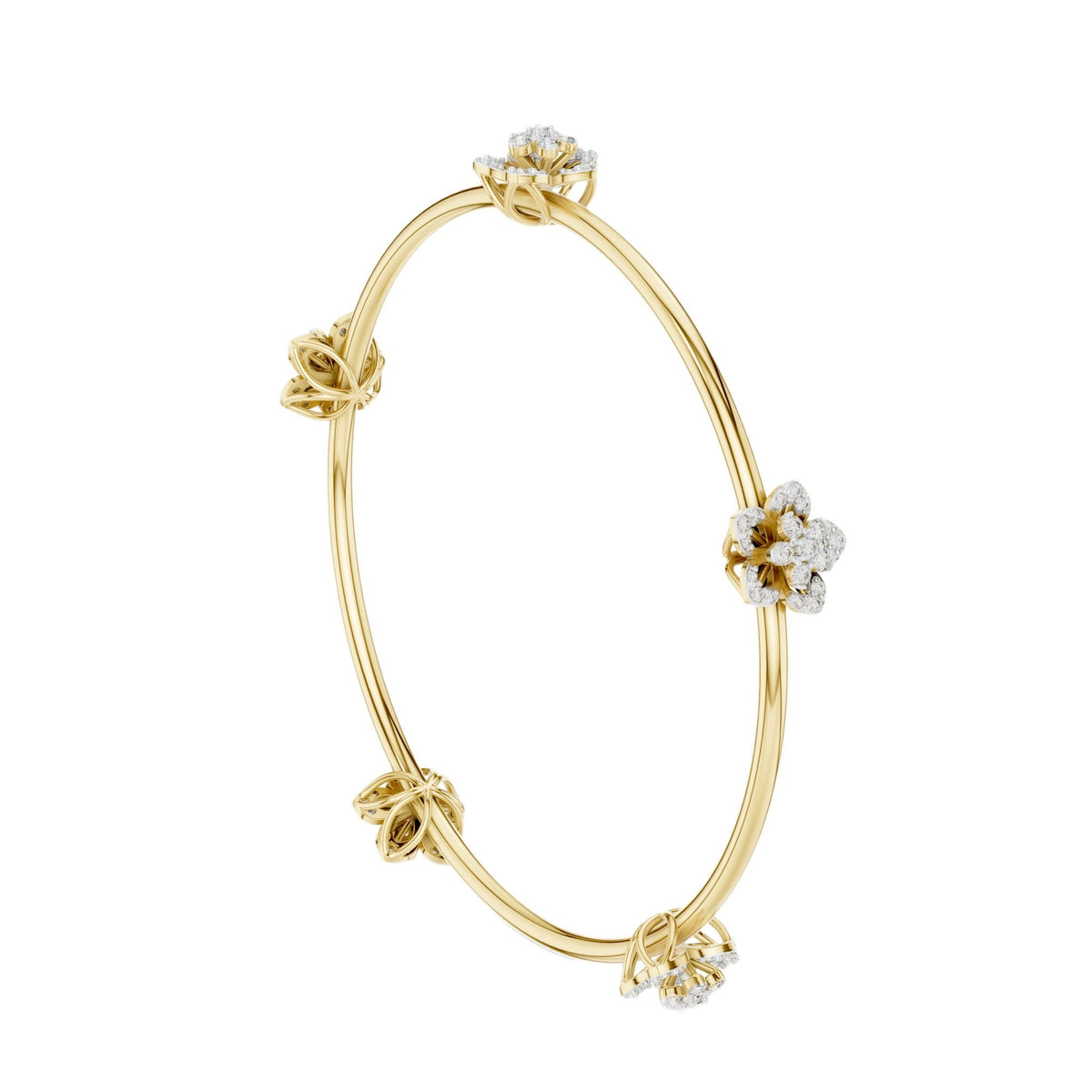 Yellow gold floral diamond bangle with four flower charms and round diamond centers