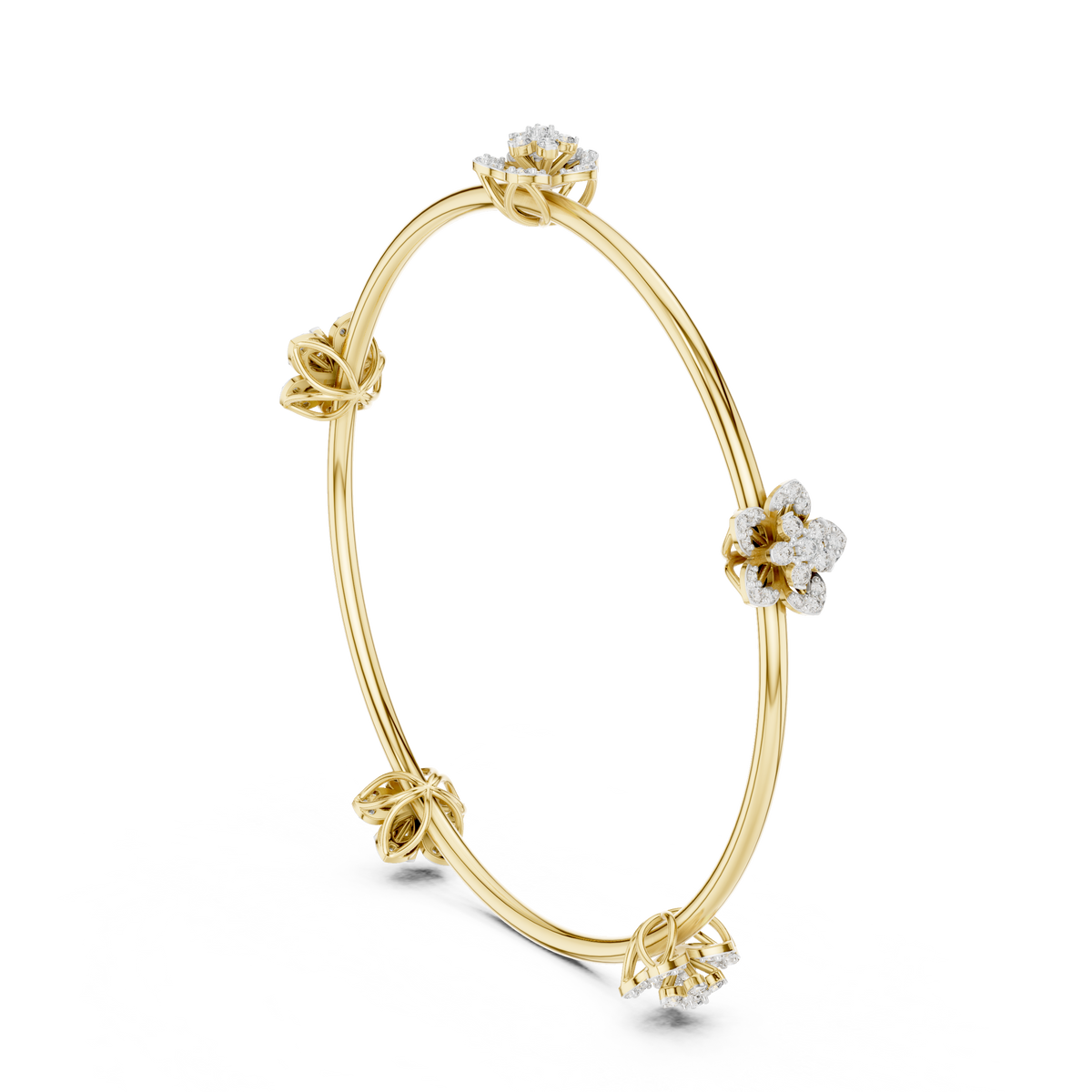 Yellow gold floral diamond bangle with four flower charms and round diamond centers