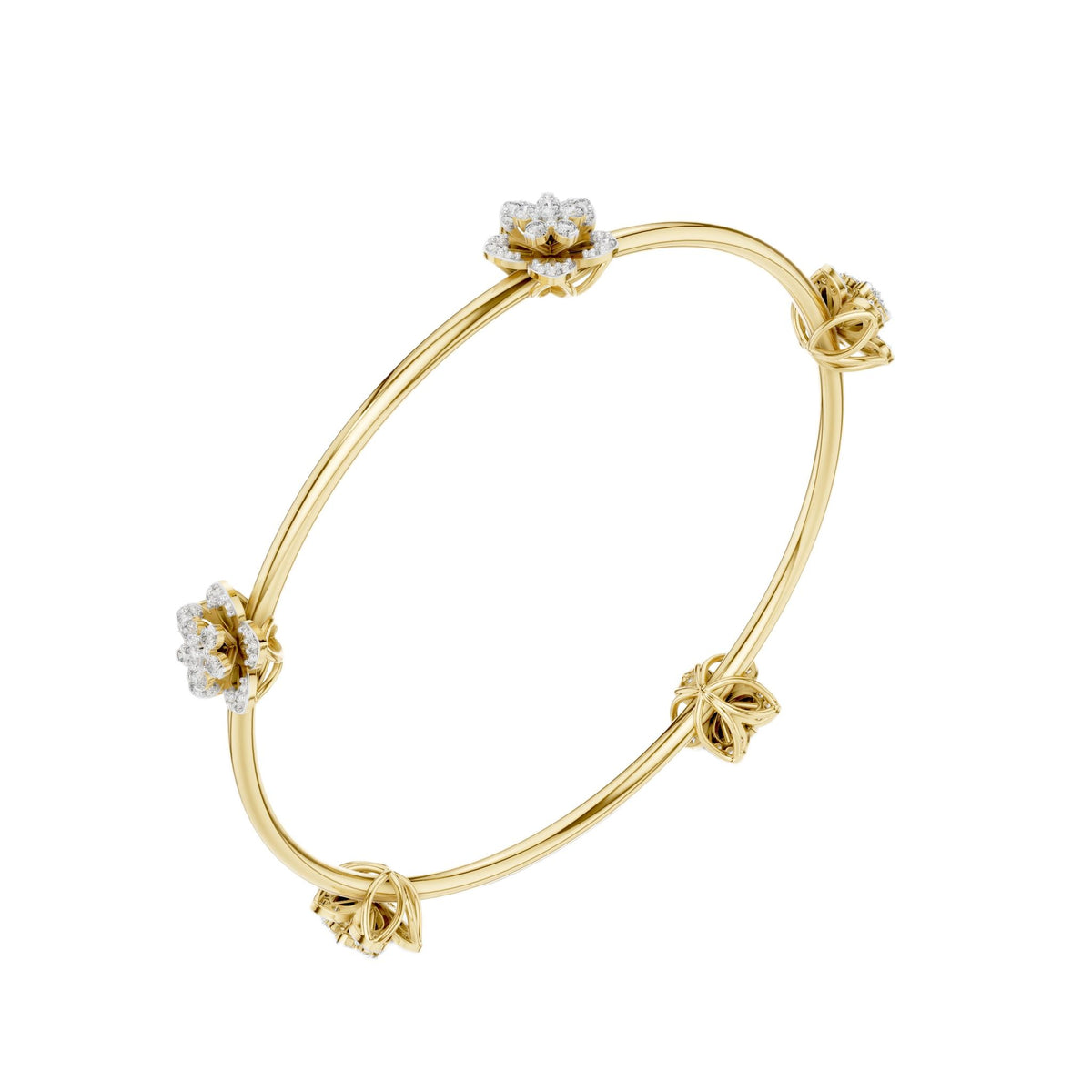 Yellow gold diamond floral bangle with four flower charms and round prong-set stones