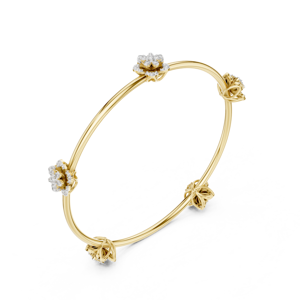 Yellow gold diamond floral bangle with four flower charms and round prong-set stones
