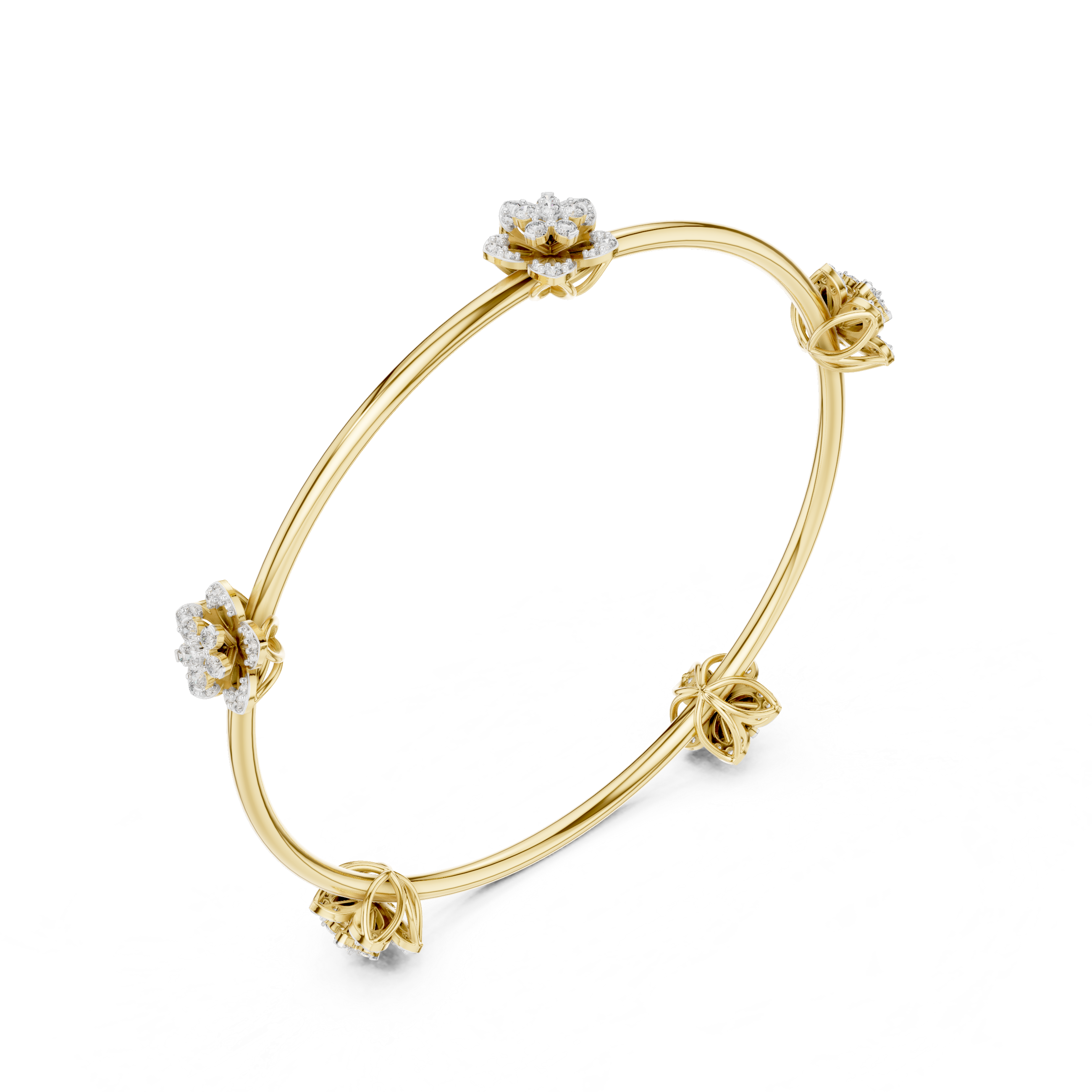 Yellow gold diamond floral bangle with four flower charms and round prong-set stones