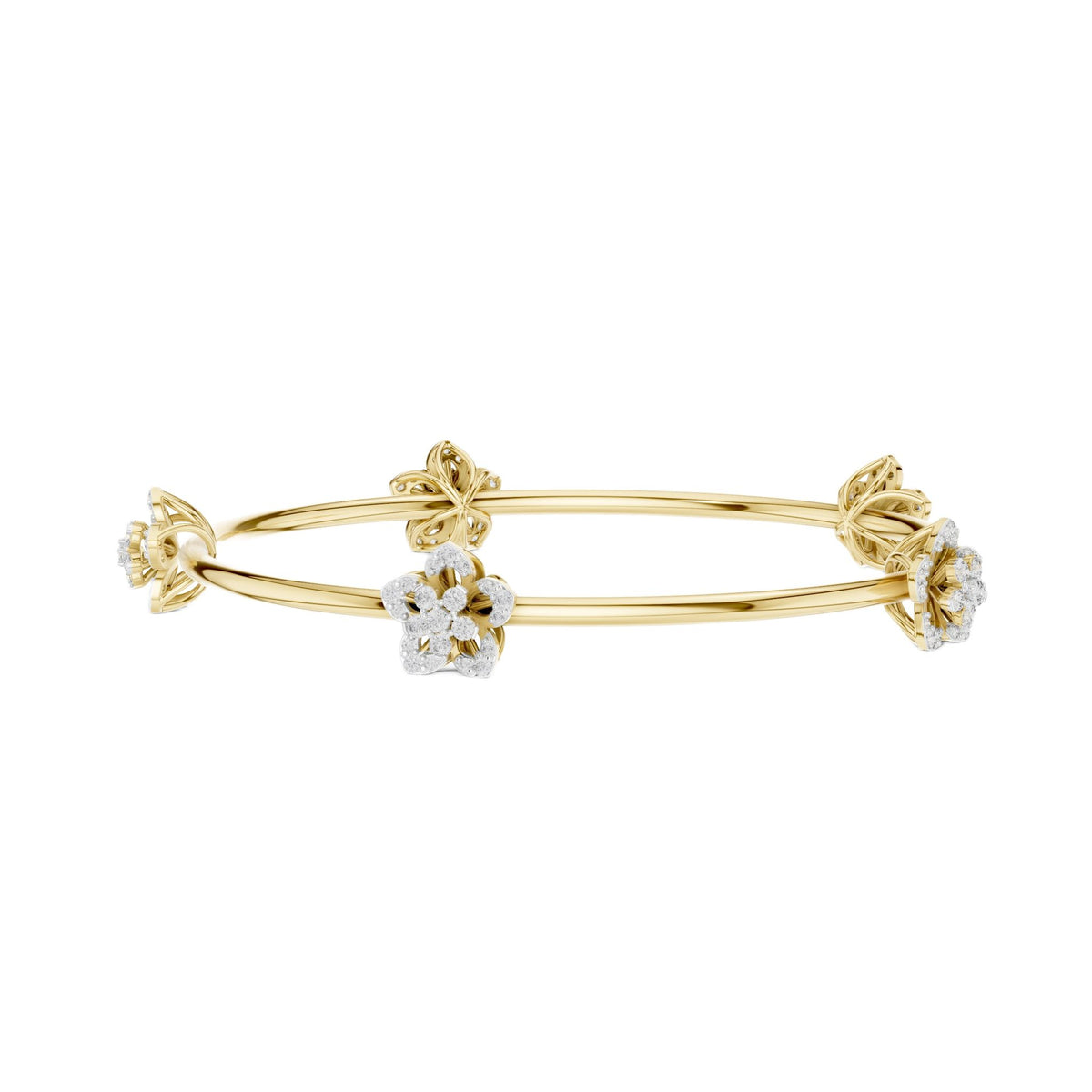 Yellow gold floral diamond bangle with three slender bands and flower center clusters