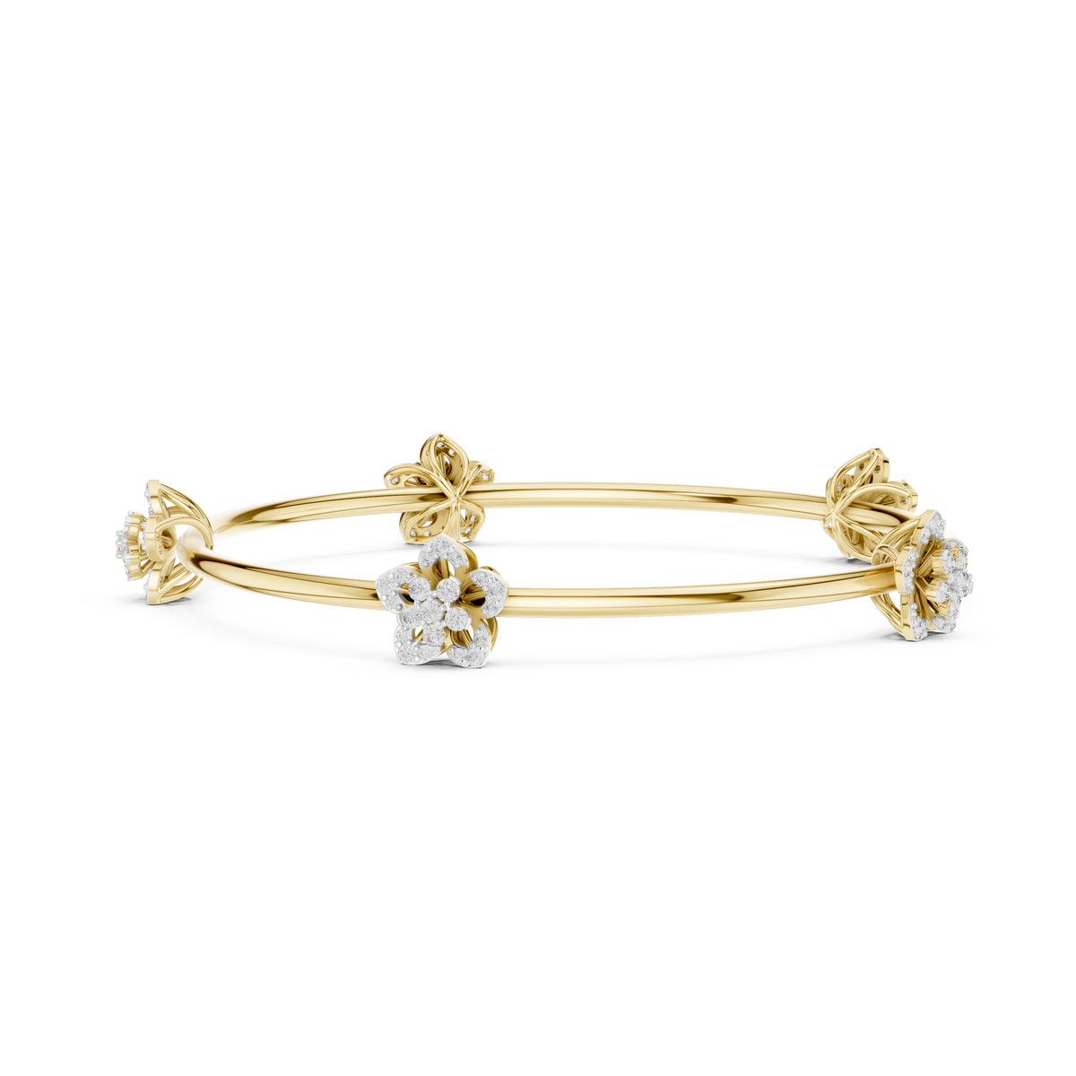 Yellow gold floral diamond bangle with three slender bands and flower center clusters