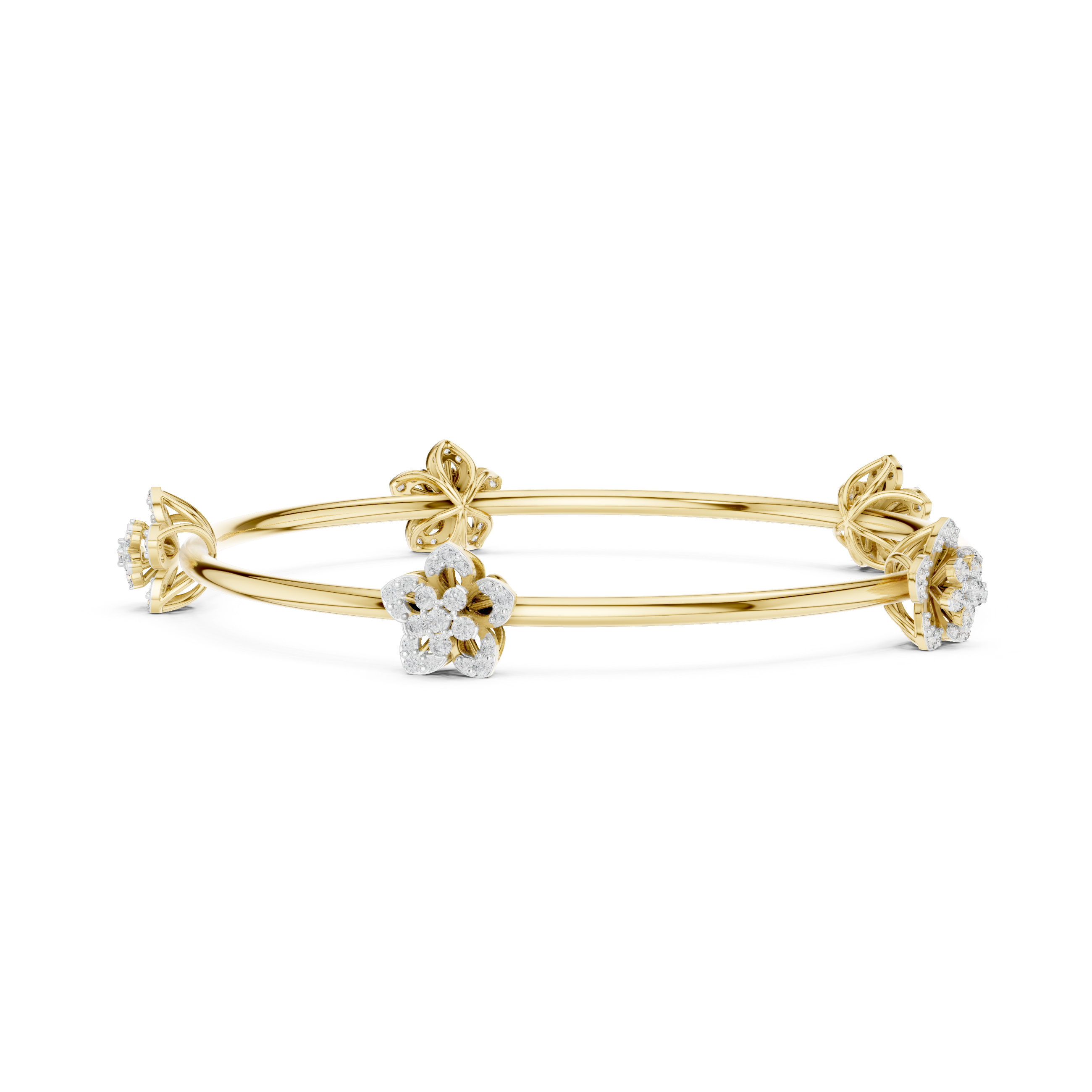 Yellow gold floral diamond bangle with three slender bands and flower center clusters