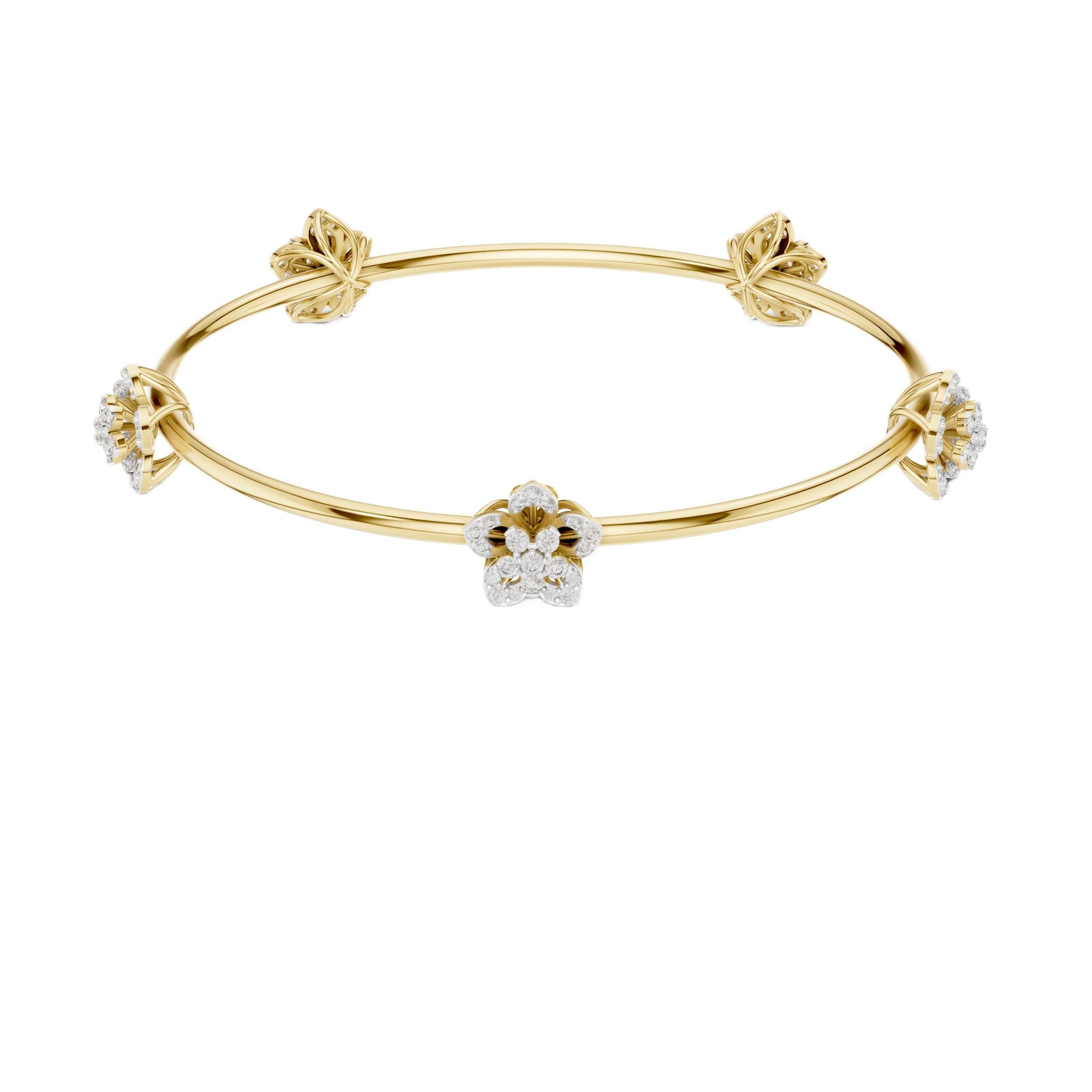 Yellow gold floral diamond bangle with central flower and knotted side mounts