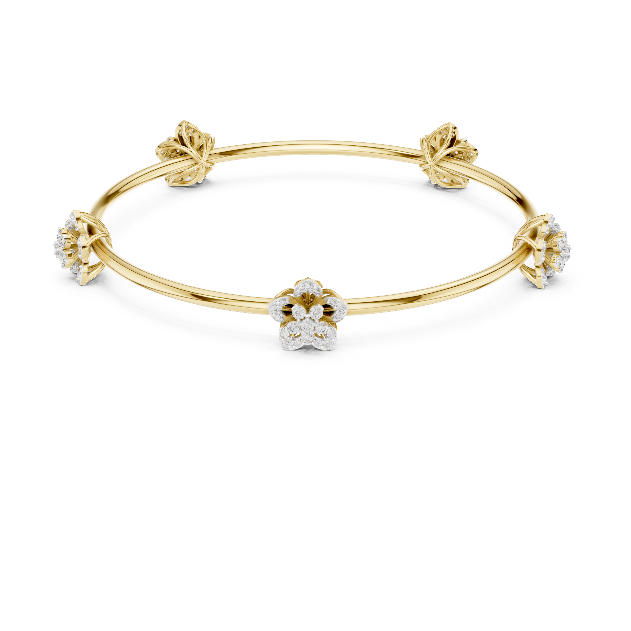 Yellow gold floral diamond bangle with central flower and knotted side mounts