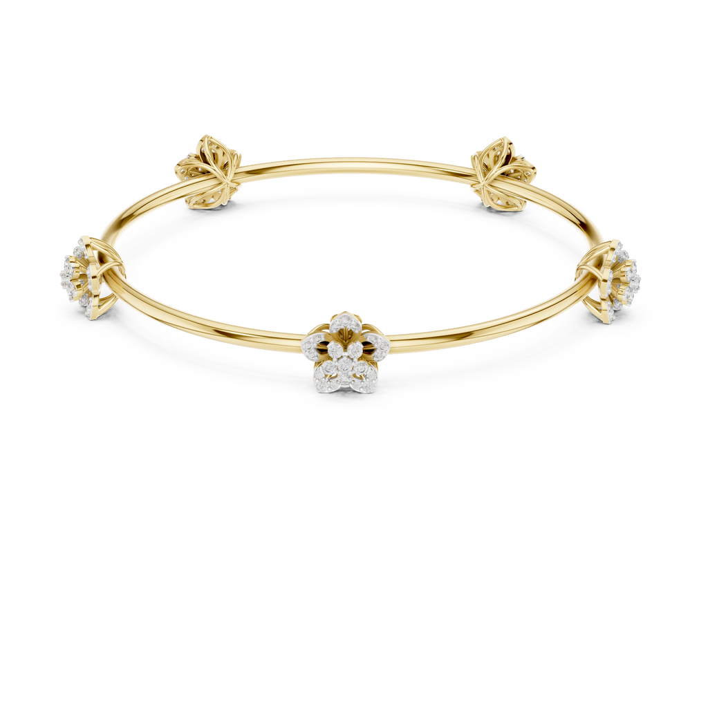 Yellow gold floral diamond bangle with central flower and knotted side mounts