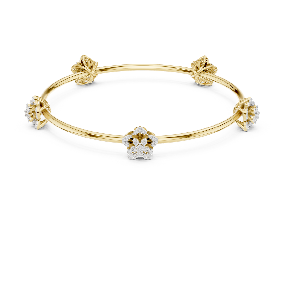 Yellow gold floral diamond bangle with central flower and knotted side mounts