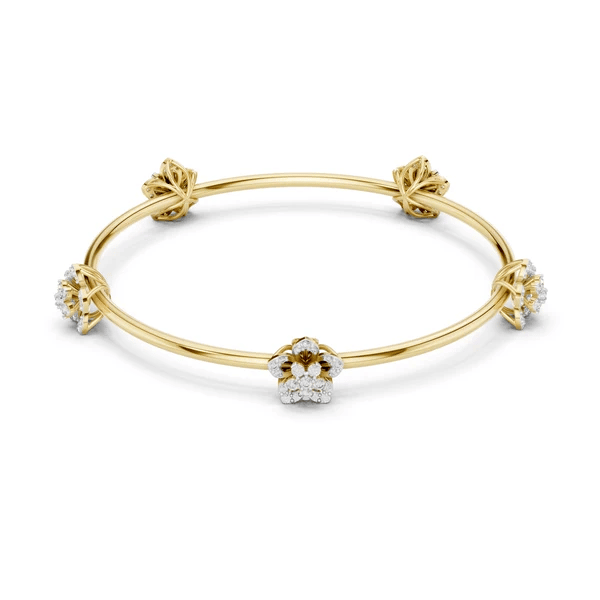 Yellow gold floral diamond bangle with central flower, knotted corners, and round diamonds