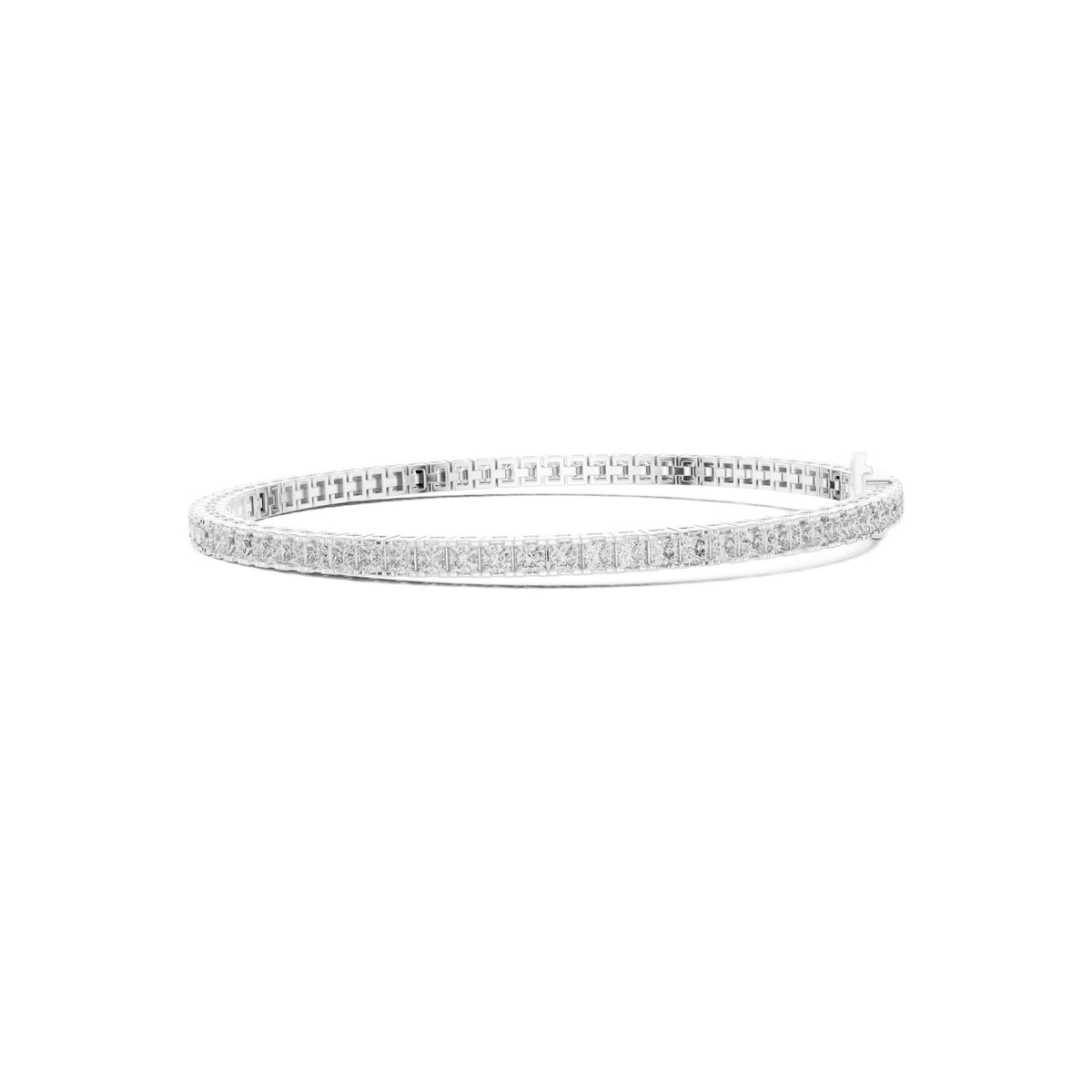 Platinum princess diamond line bracelet, angled view showing diamond pavé row