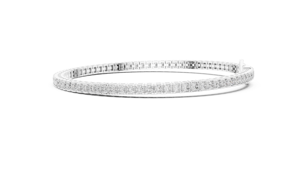 White gold diamond line bracelet with princess-cut stones, angled profile