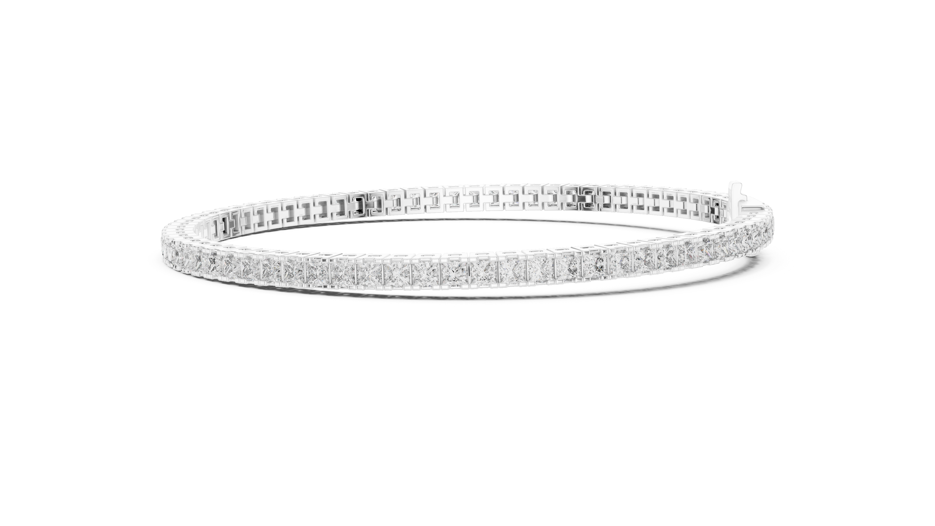 White gold diamond line bracelet with princess-cut stones, angled profile