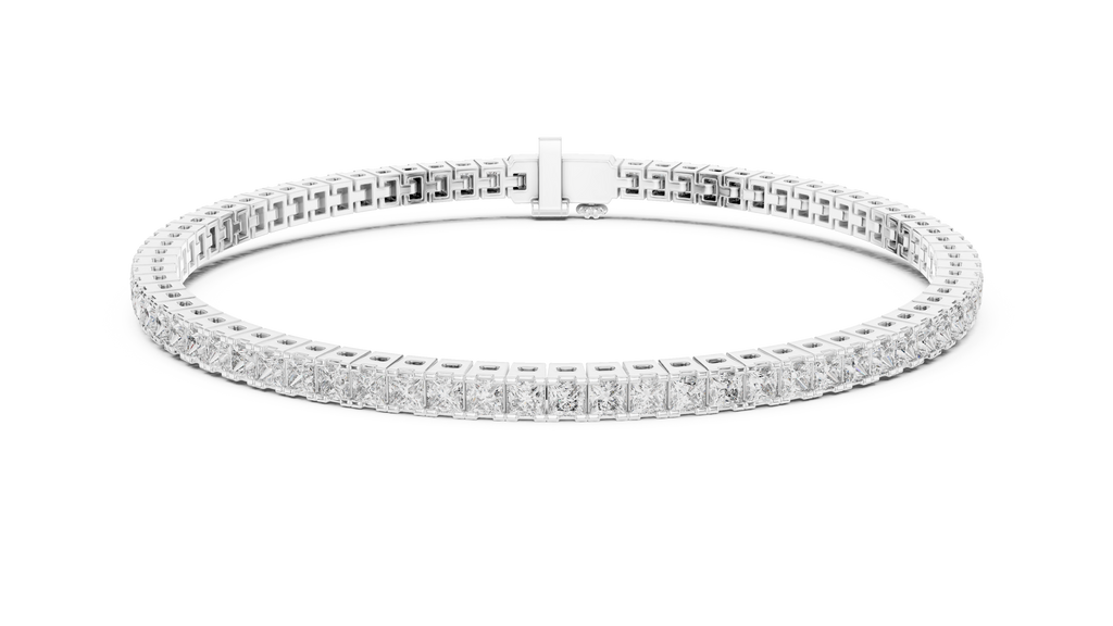 Silver-toned diamond line bracelet with princess-cut stones, clasp detail