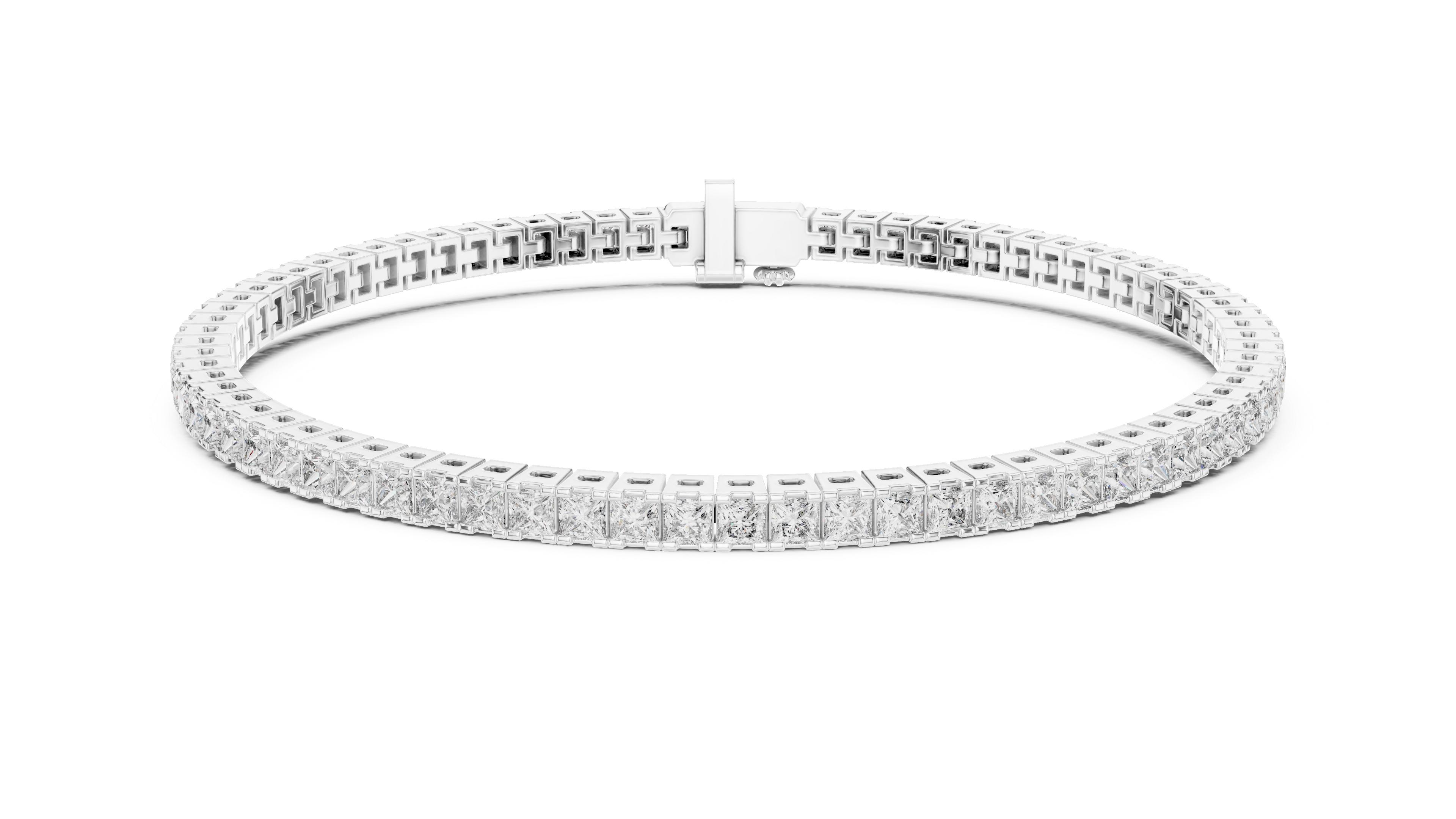 Silver-toned diamond line bracelet with princess-cut stones, clasp detail