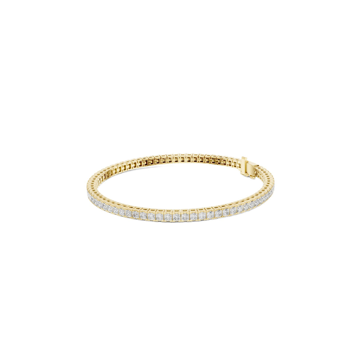 Rose gold princess diamond line bracelet, top view with linked diamond pavé row