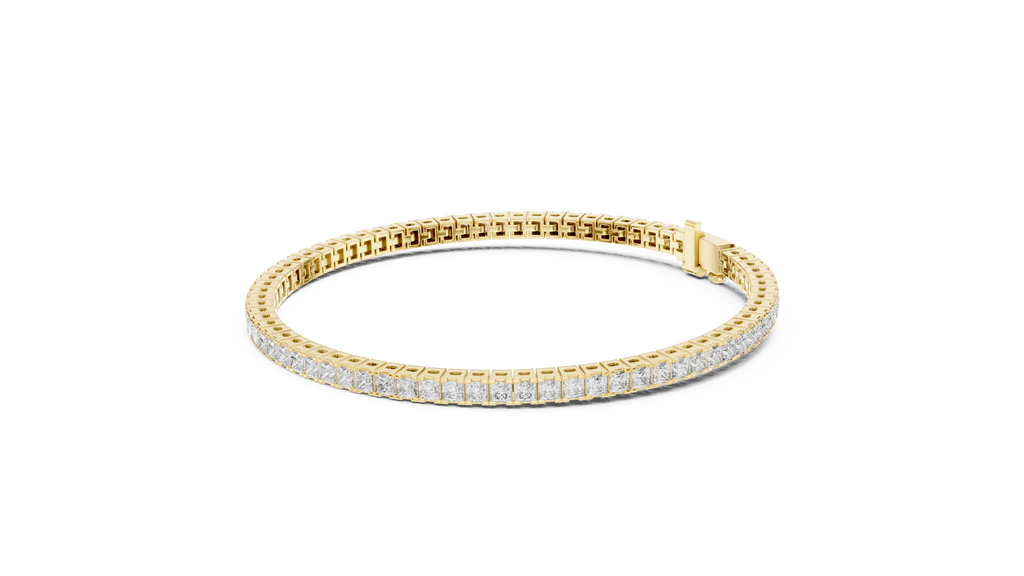 Yellow gold diamond line bracelet with princess-cut stones, hinged clasp