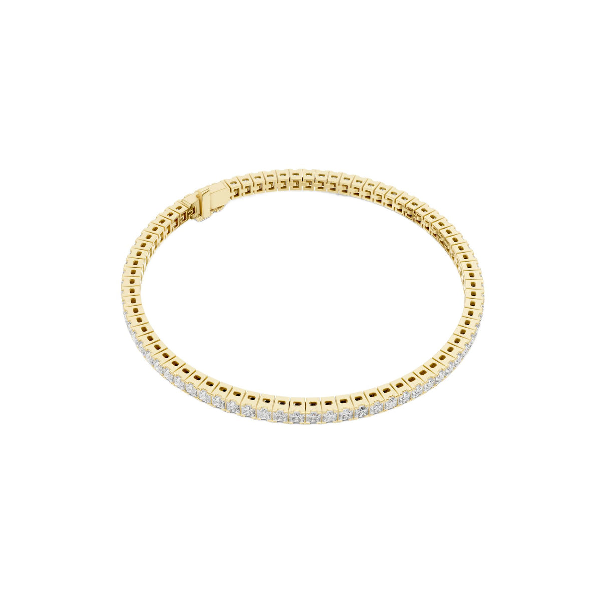 Yellow gold princess diamond line bracelet with square-princess stone row and clasp