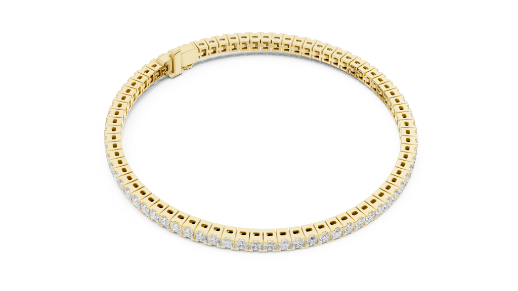 Yellow gold diamond line bracelet with princess-cut stones, close-up profile