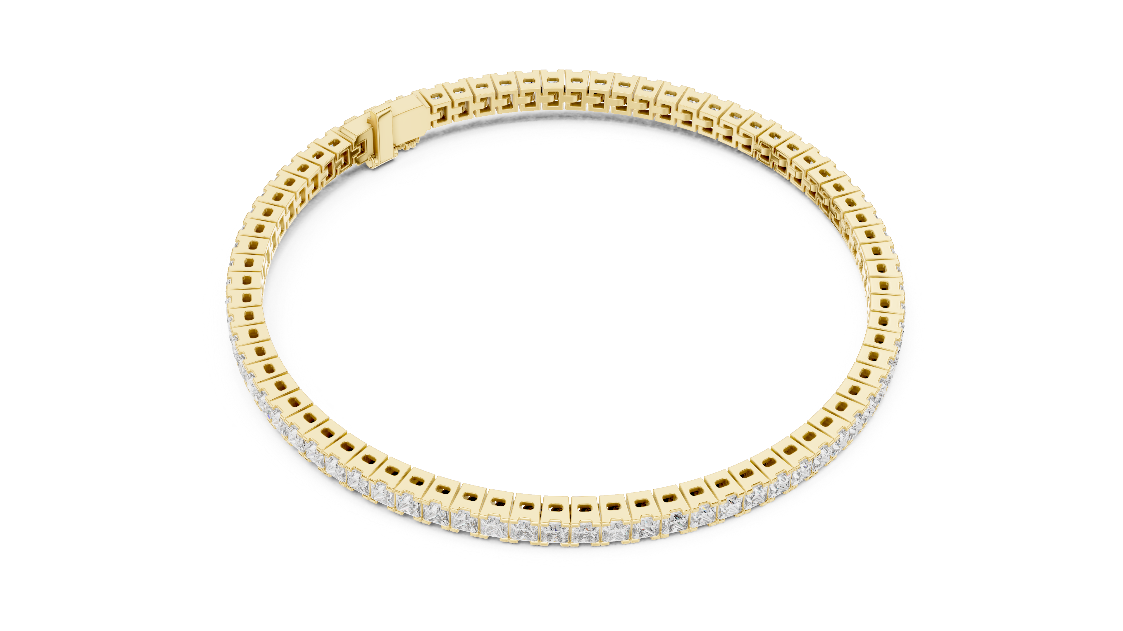 Yellow gold diamond line bracelet with princess-cut stones, close-up profile
