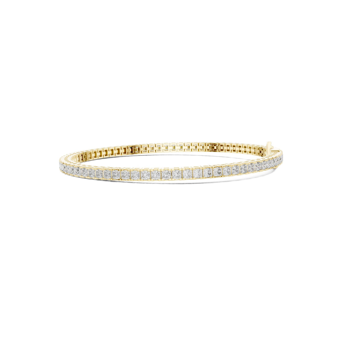 Yellow gold princess diamond line bracelet, angled view with repeating square-princess stones