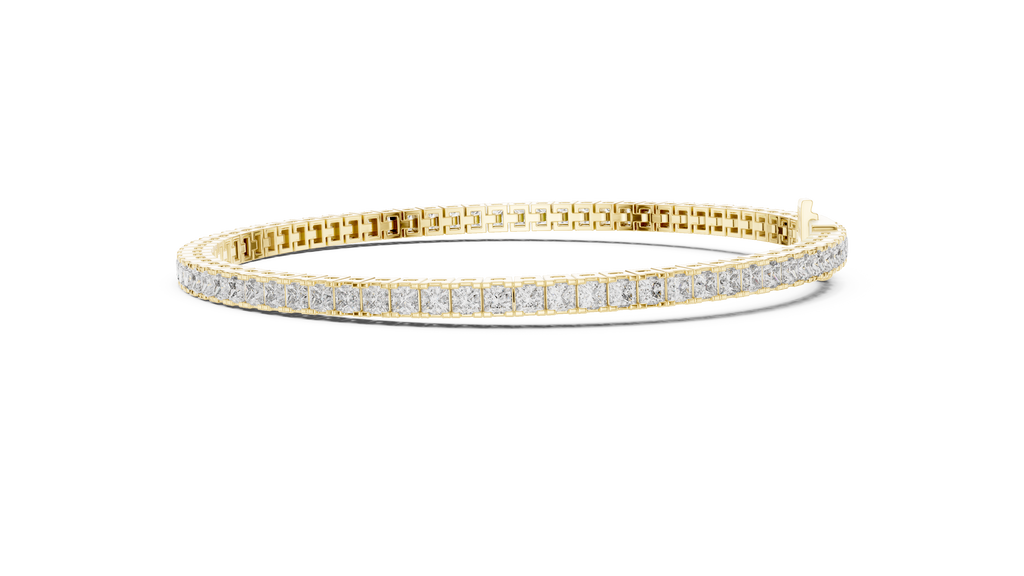 Yellow gold diamond line bracelet with princess-cut stones, angled side view