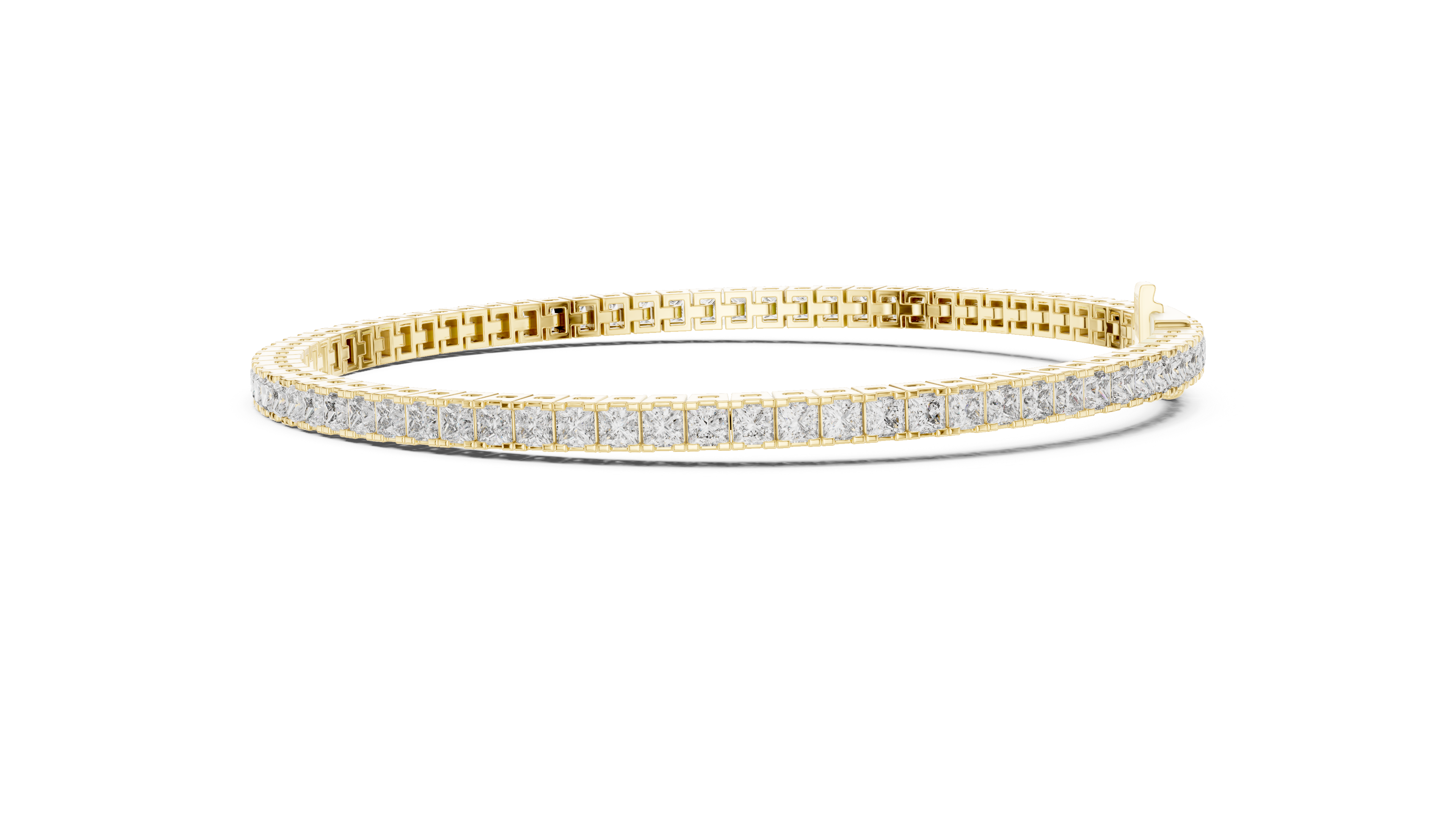 Yellow gold diamond line bracelet with princess-cut stones, angled side view