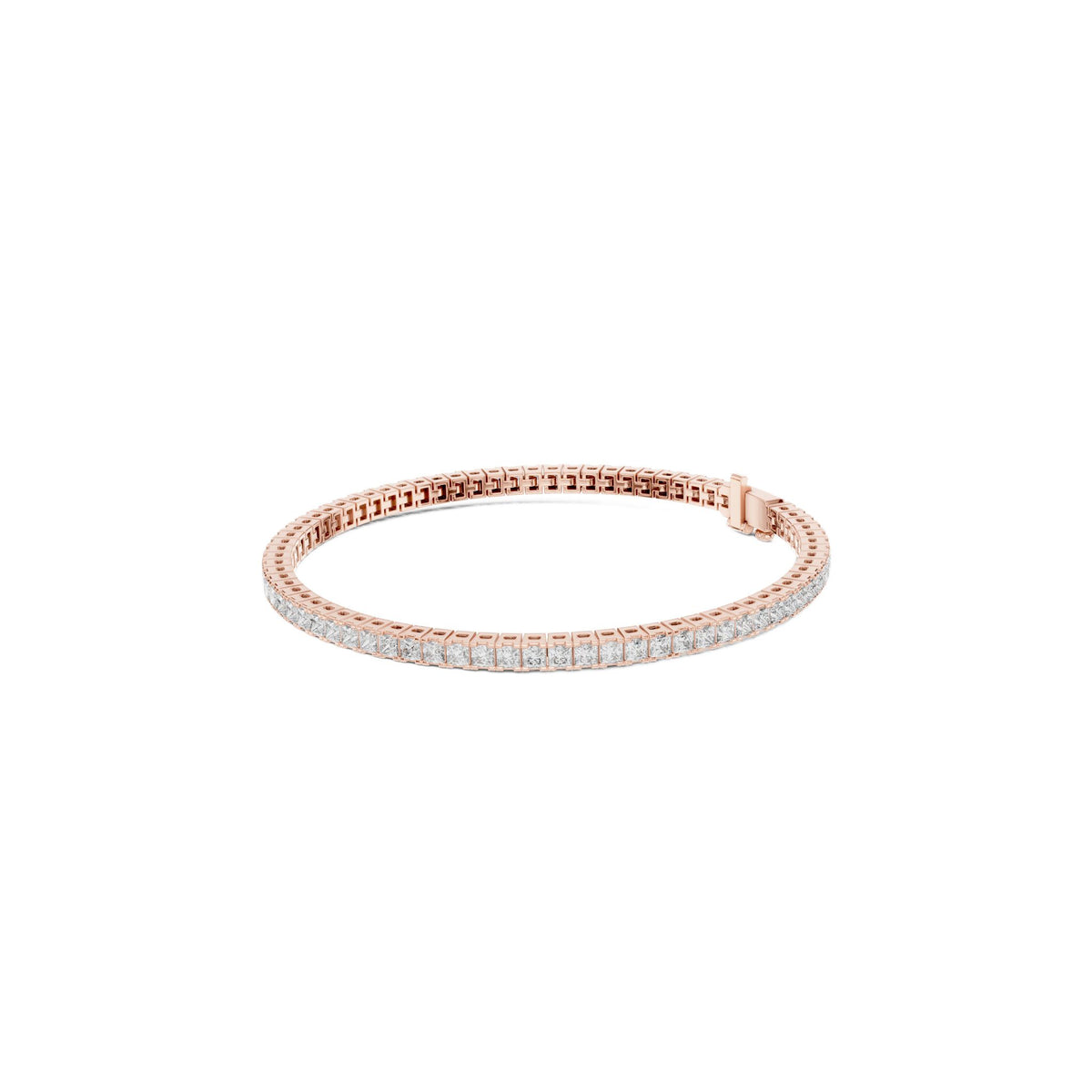 Rose gold princess diamond line bracelet with slim linked setting, open oval view