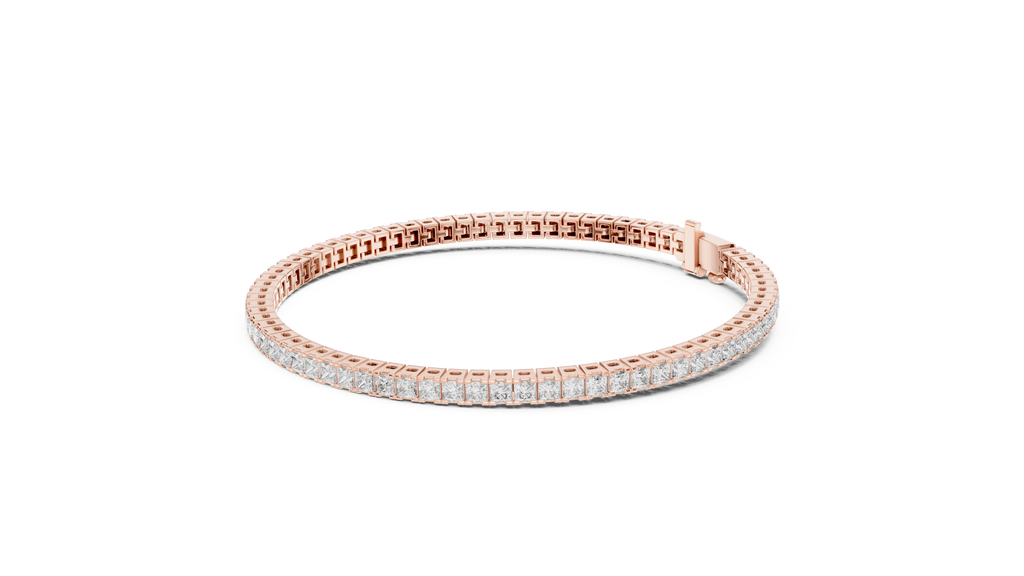 Rose gold diamond line bracelet with princess-cut stones, hinged clasp