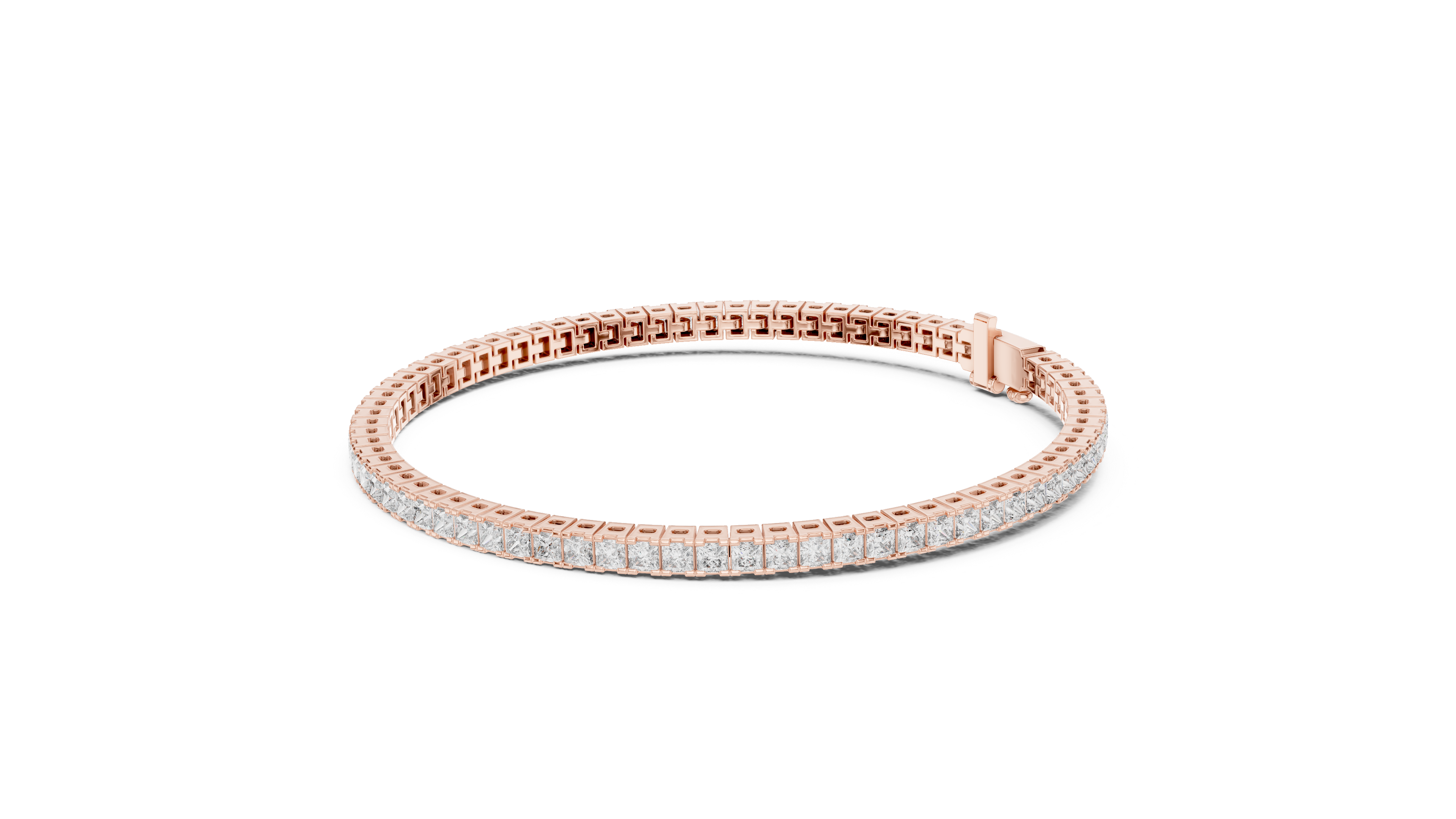 Rose gold diamond line bracelet with princess-cut stones, hinged clasp