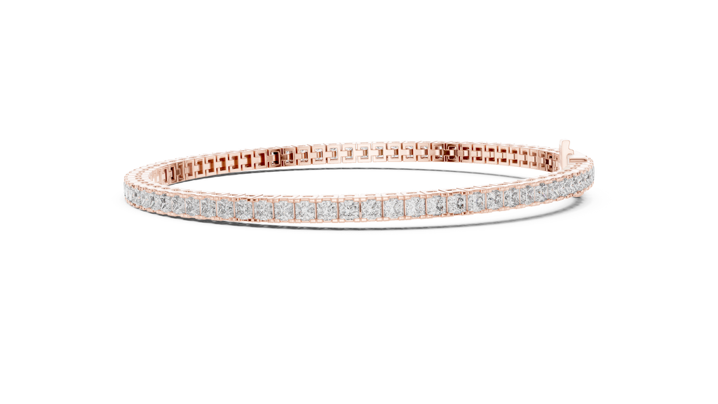 Rose gold diamond line bracelet with princess-cut stones, side view