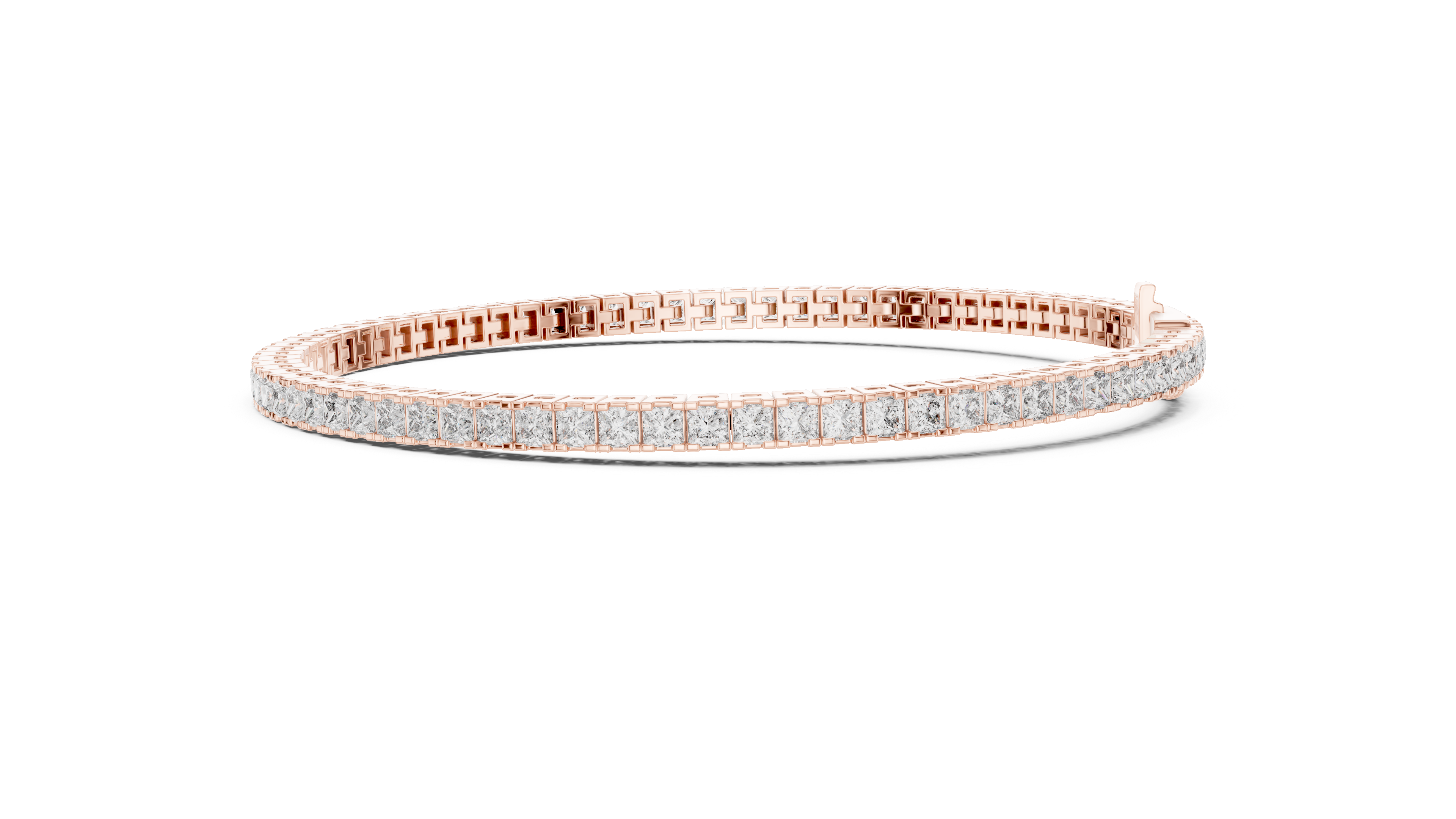 Rose gold diamond line bracelet with princess-cut stones, side view