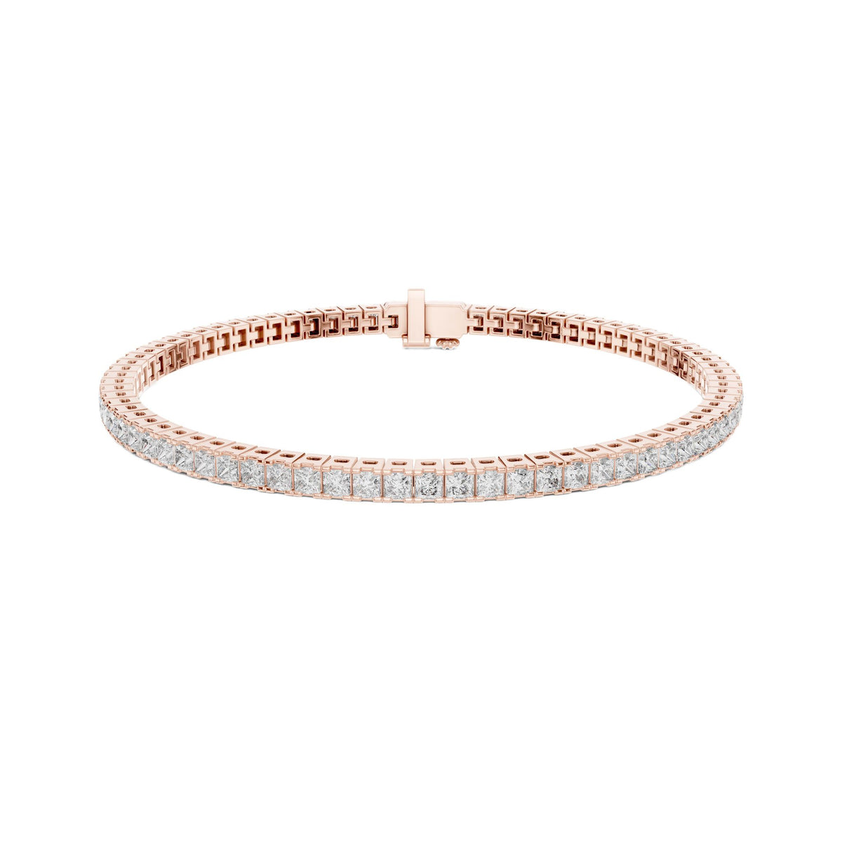 Rose gold princess diamond line bracelet with square-princess stone row and center clasp